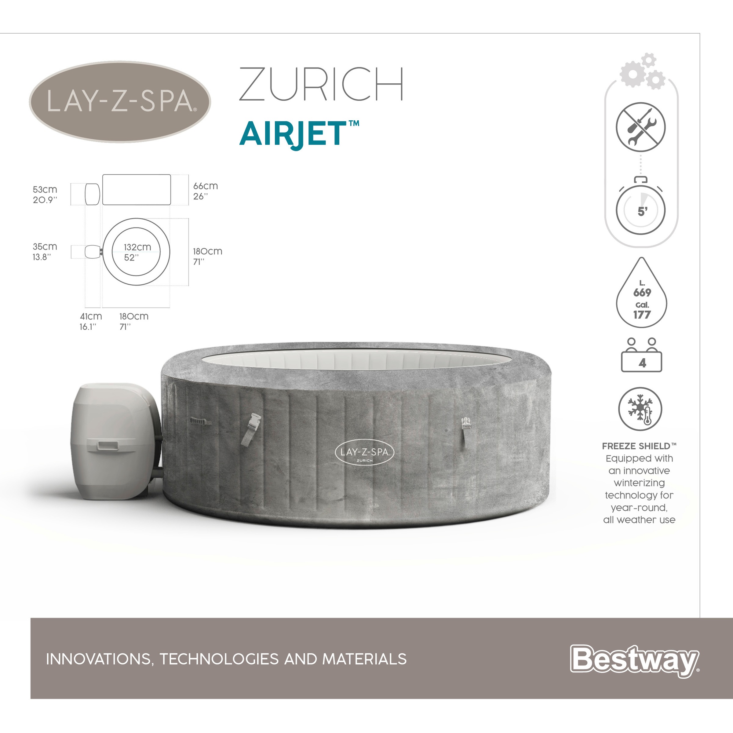 Bestway Whirlpool »LAY-Z-SPA® ECO-Whirlpool Zurich AirJet™«, ØxH: 180x66 cm, für bis zu 4 Personen