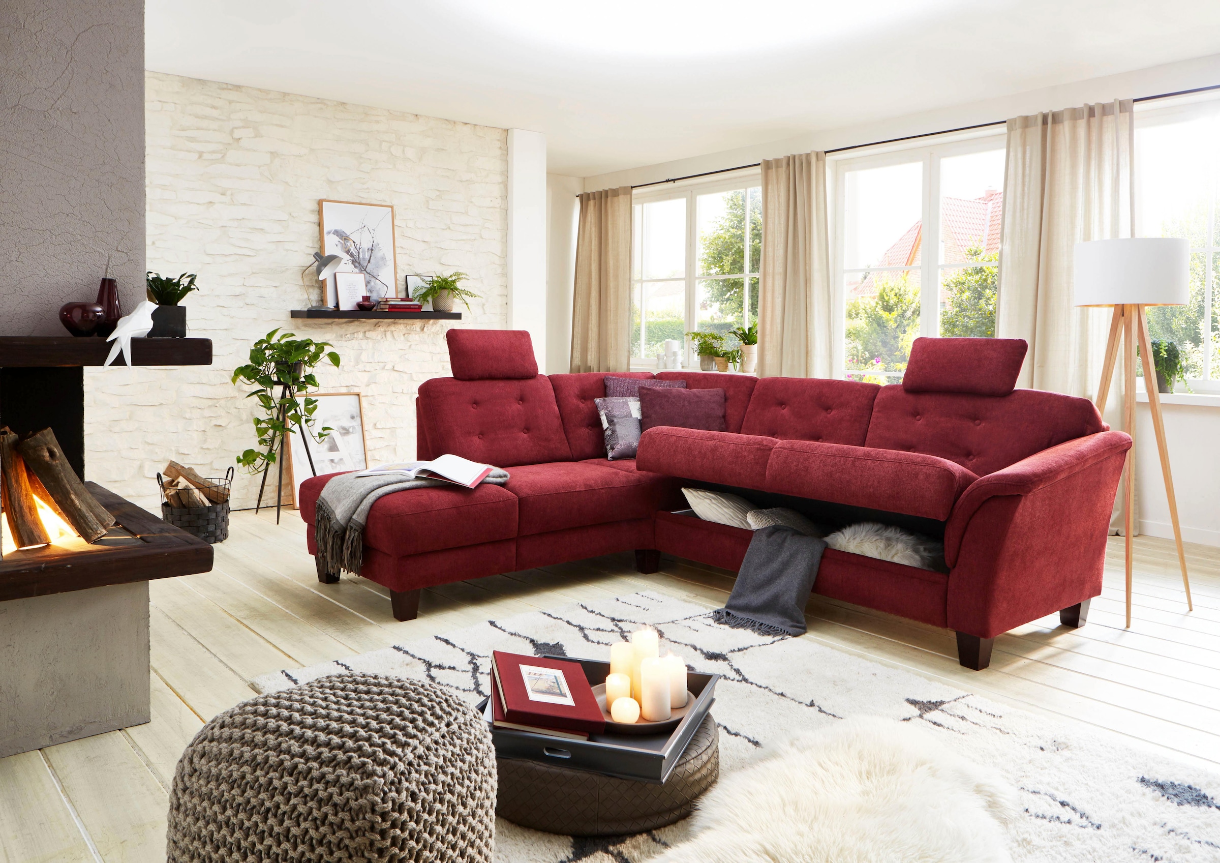 Home affaire Ecksofa »Trondheim L-Form«, mit Federkern und Knopfheftung im Rücken, Füße Buche dunkel