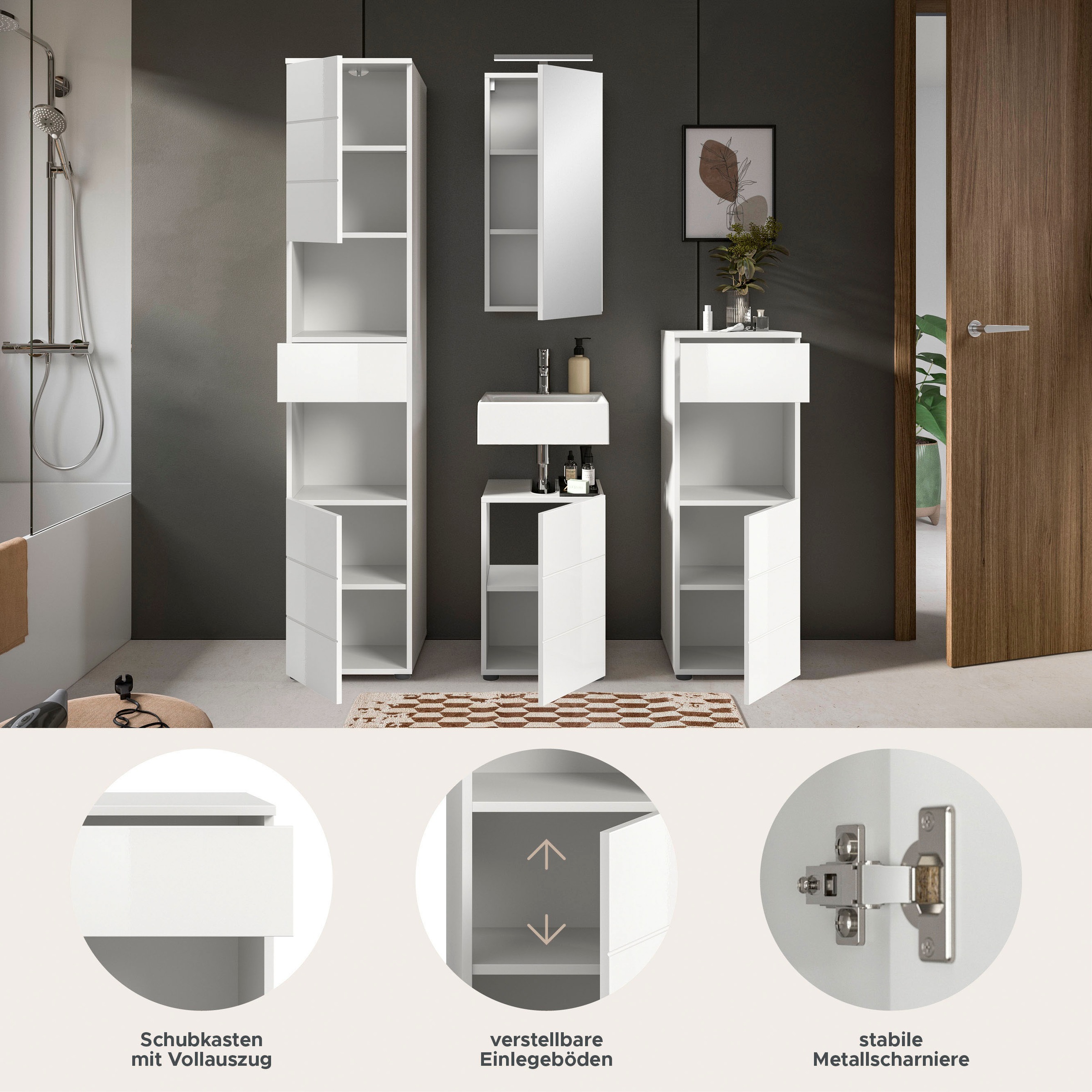 welltime Badmöbel-Set »Biel, Höhe 190 cm,Hochschrank,WBU, Spiegelschrank, Unterschrank, Lampe«, (5 St.), Bad Set, modern, Hoch-und Unterschrank, Spiegel, Aufsatzleuchte