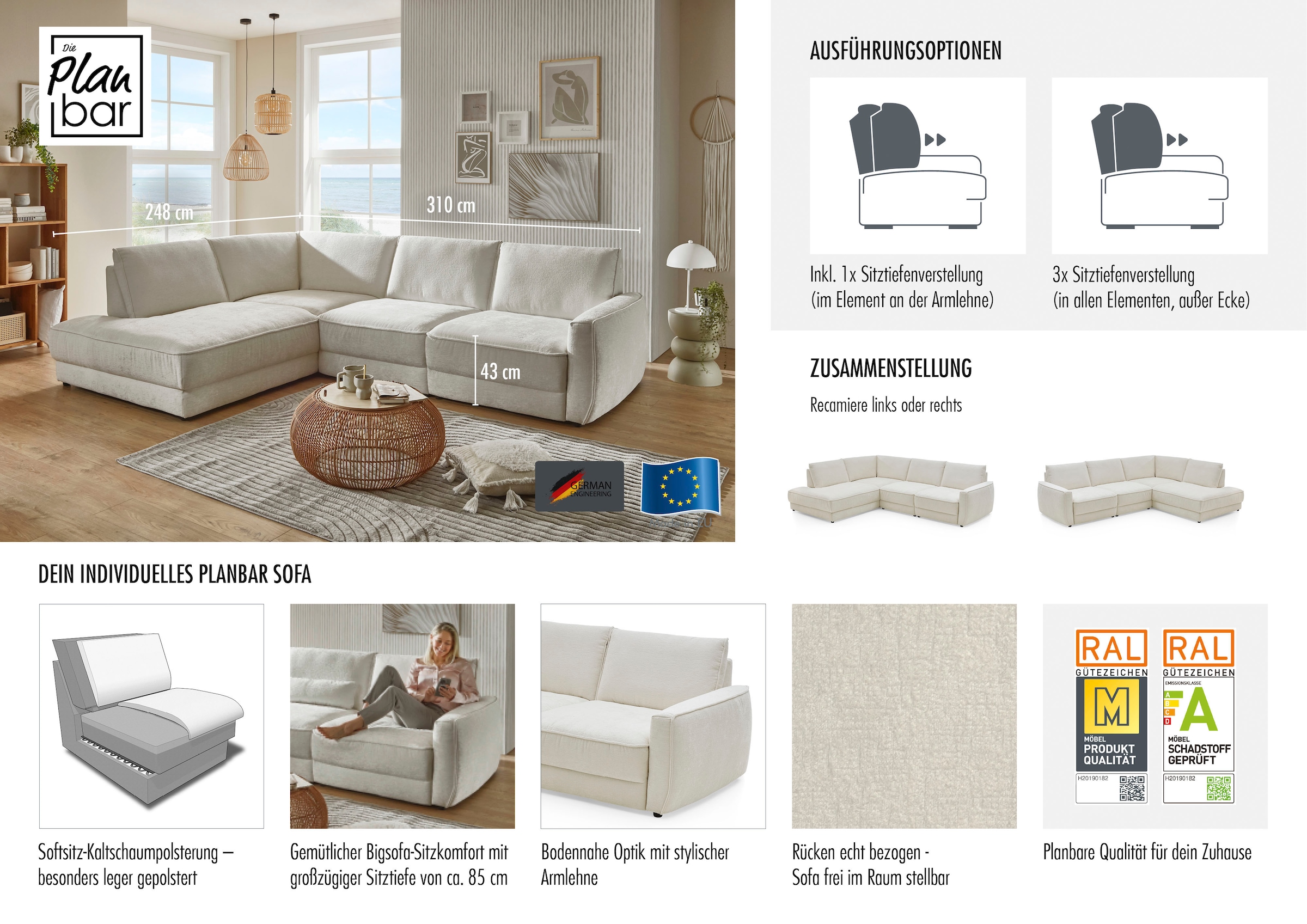 Die PlanBar Ecksofa »ZE-EM24139 L-Form, 310 cm breit, softige Couch Polsterecke« Kaltschaum Polstersofa mit 1x Sitztiefenverstellung