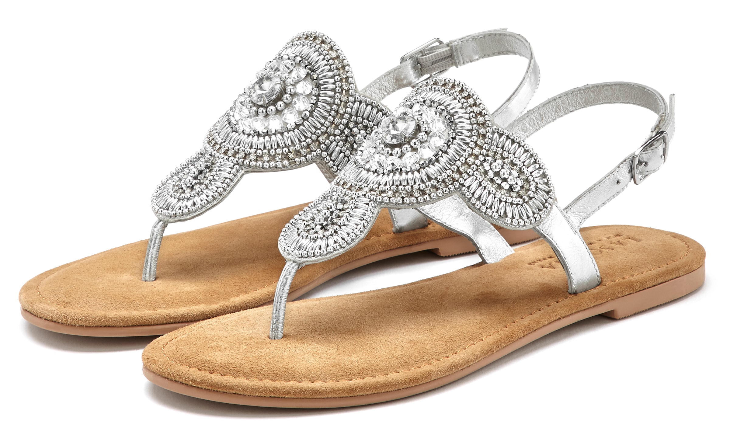 LASCANA Zehentrenner »Sandalette, Sommerschuh, offener Schuh,«  Sandale, Pantolette  in Glitzer-Optik und softer Lederinnensohle