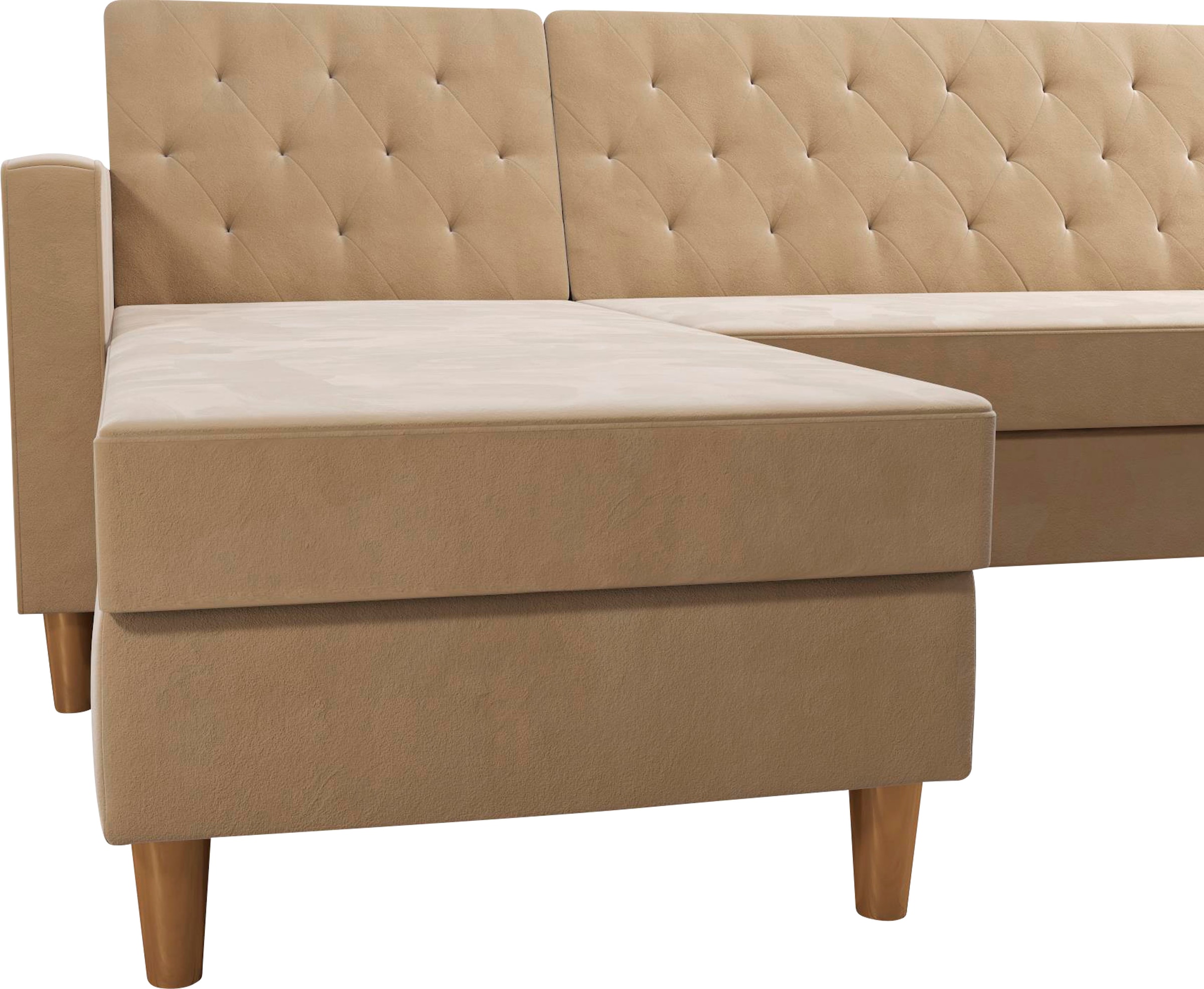Cosmo Living Ecksofa »Liberty«, mit Schlafffunktion, Recamiere mit Stauraum beidseitig montierbar
