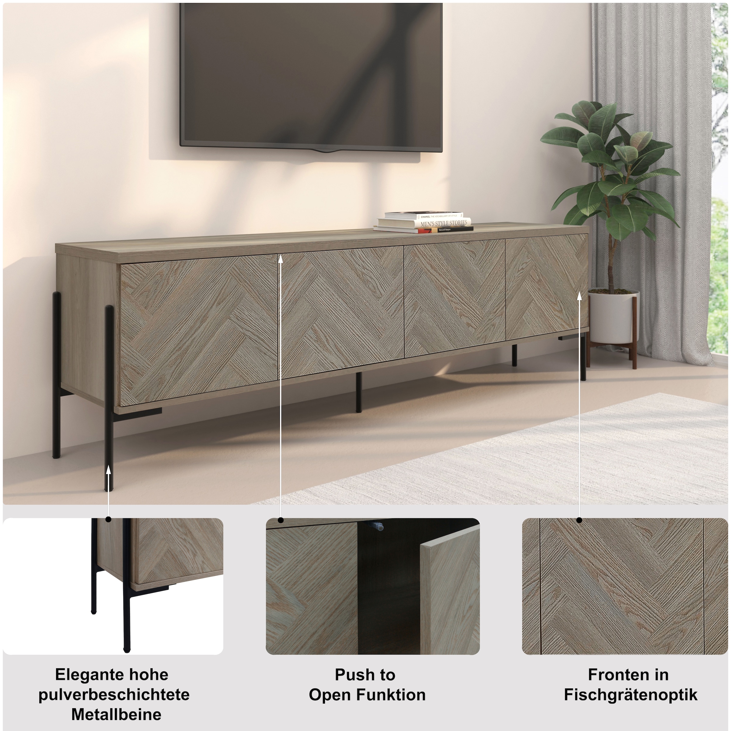 Leonique Lowboard »Eadwine« TV-Kommode, Push-to-open, Türen mit Fischgräten Muster, Breite 175 cm