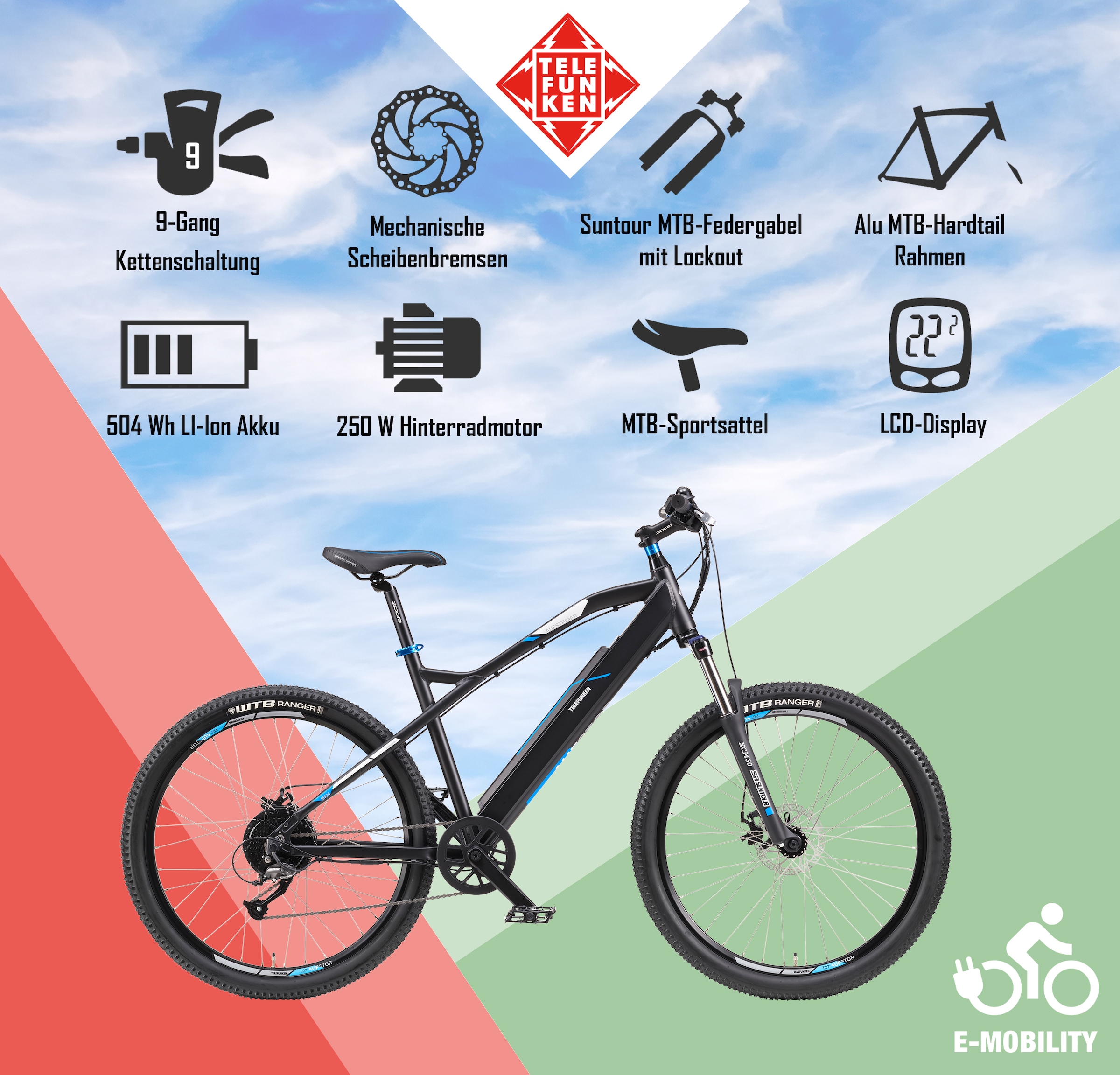 Telefunken E-Bike »M924«, 9 Gang, Shimano, Altus, Heckmotor 250 W, (36 V 504 Wh Akku-ca. 100 km Reichweite-Geländebike off road), Mountainbike MTB Elektrofahrrad, Damen Herren, 27,5 / 29 Zoll, Pedelec