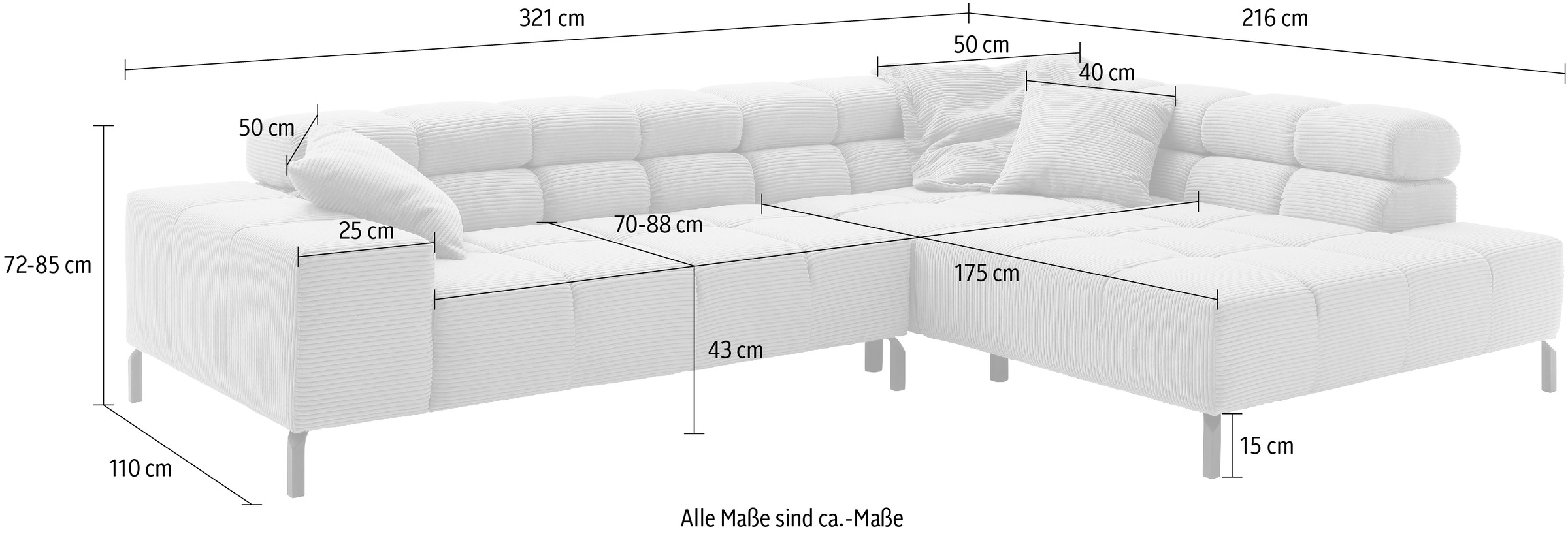 INOSIGN Ecksofa »Ancona New, wahlweise motorische Sitztiefenverstellung, auch in Cord«, feine Steppung, mit Kopfteilverstellung, 3 Zierkissen, L-Form