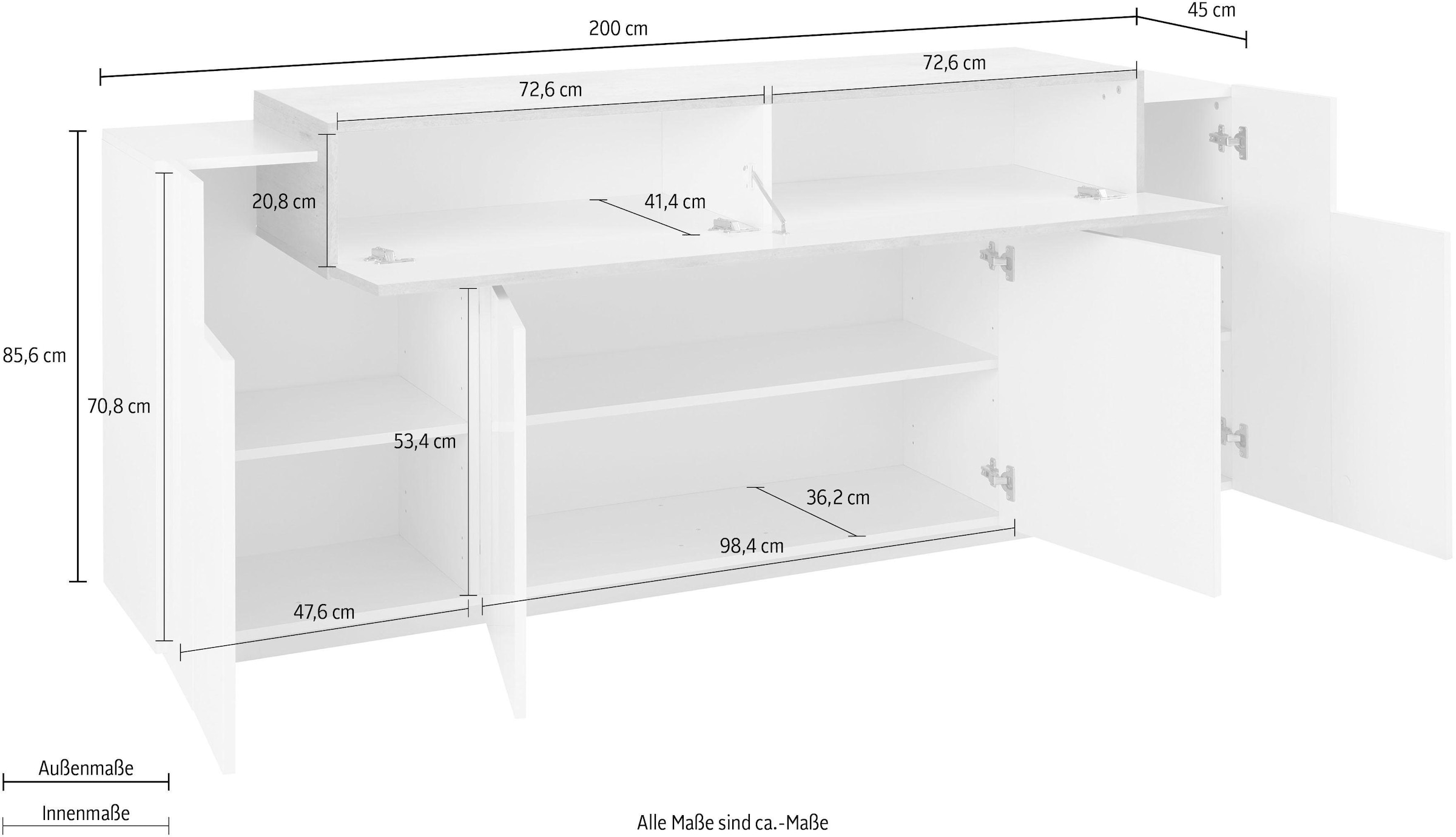 INOSIGN Sideboard »Coro, Kommode, Schrank, Kredenz, grifflos mit Einlegeböden«, 1 klappe,4 Türen, Doppeltiefe, B/T/H 200x45x85,6cm