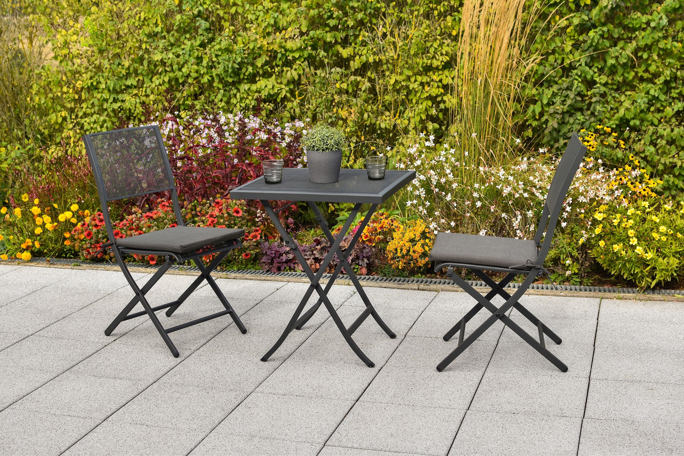 MERXX Garten-Essgruppe »»Samos«« Set, Inkl. Kissen, pulverbeschichtetes Stahlgestell, 5 Stk. tlg. Tisch klappbar: LxB: 60x60 cm