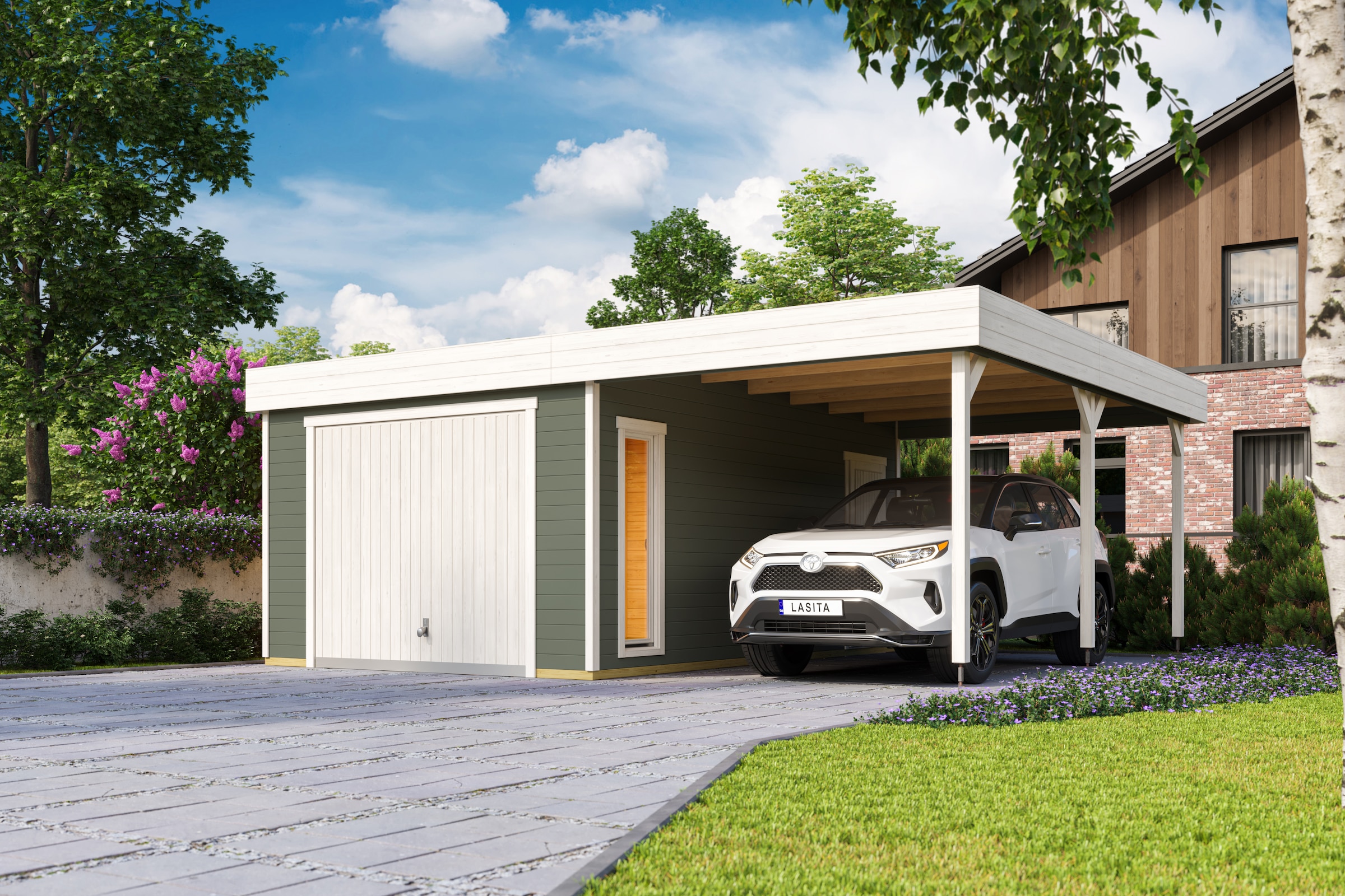 Nordic Holz Garage »BAHAMAS« BxT: 680x560 cm, 205 cm Einfahrtshöhe, mit Sek günstig online kaufen