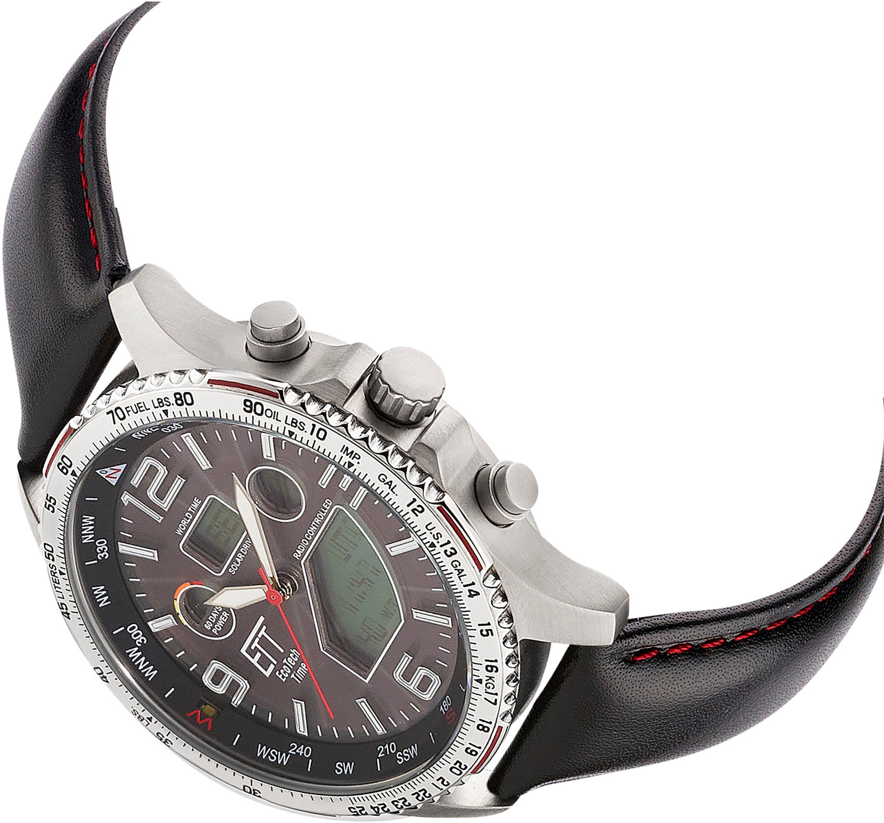 ETT Funkchronograph »Professional World Timer«, Armbanduhr, Herren, Solar, Titan, Datum, Stoppfunktion, Lederarmband
