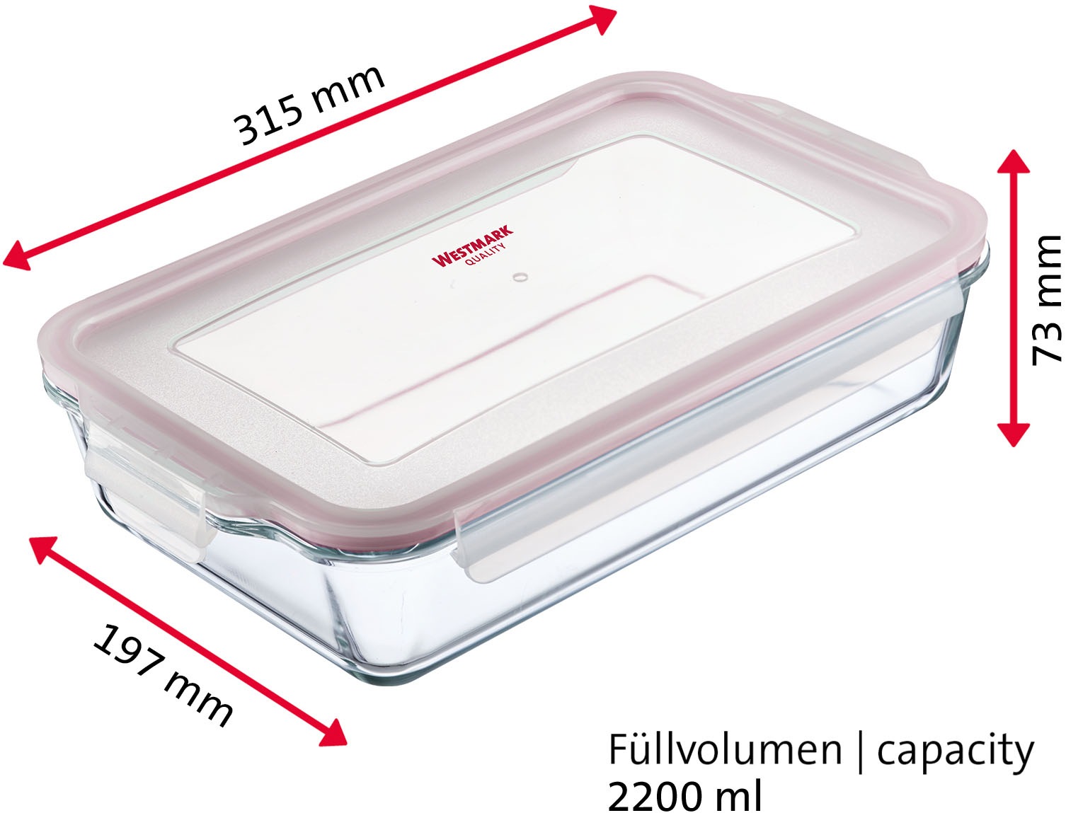 WESTMARK Auflaufform »Glas-Auflaufform, Füllvolumen 2.200 ml«, Borosilikatglas, (1 St.), luftdicht verschließbar, mikrowellen- und ofenfest (ohne Deckel)