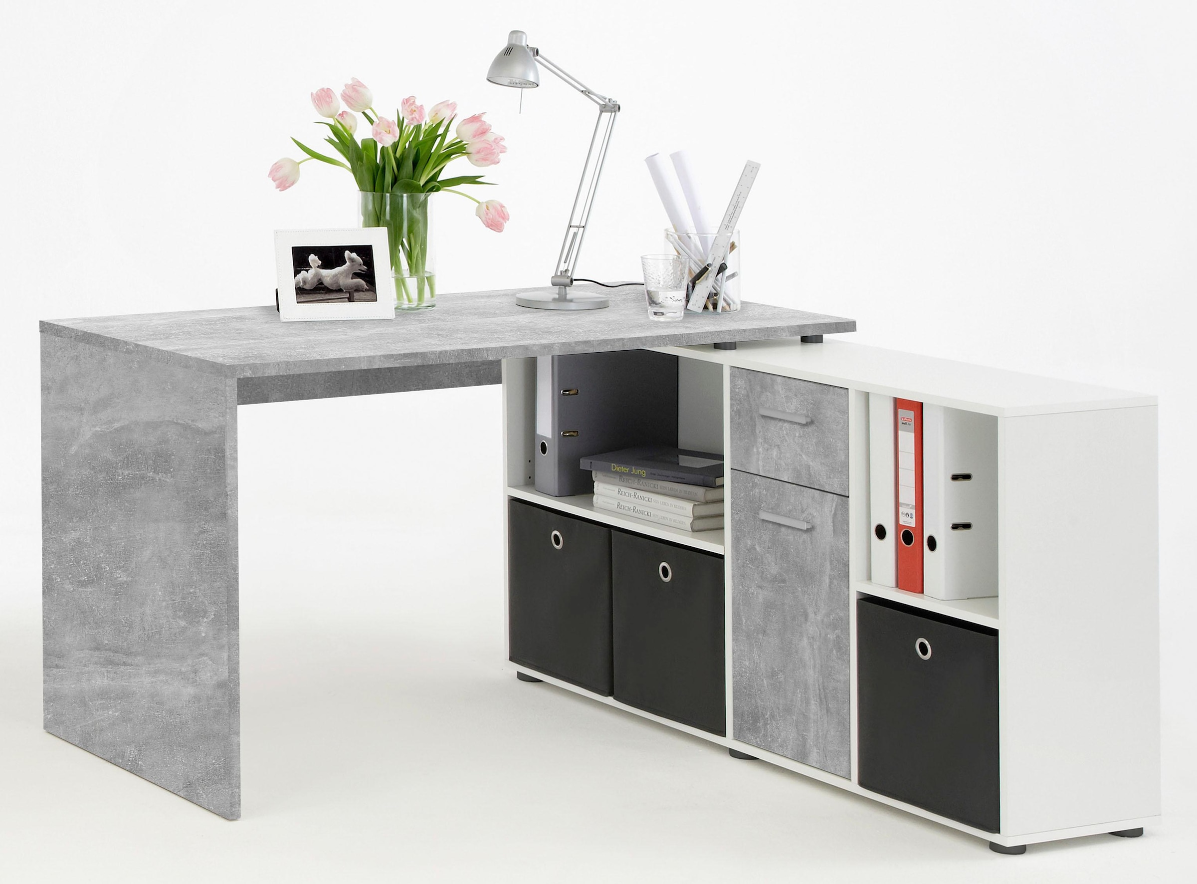 FMD Eckschreibtisch »Lex, Schreibtisch / Sideboard,«, variabel montierbar, Breite 136 / 205 cm, Made in Germany