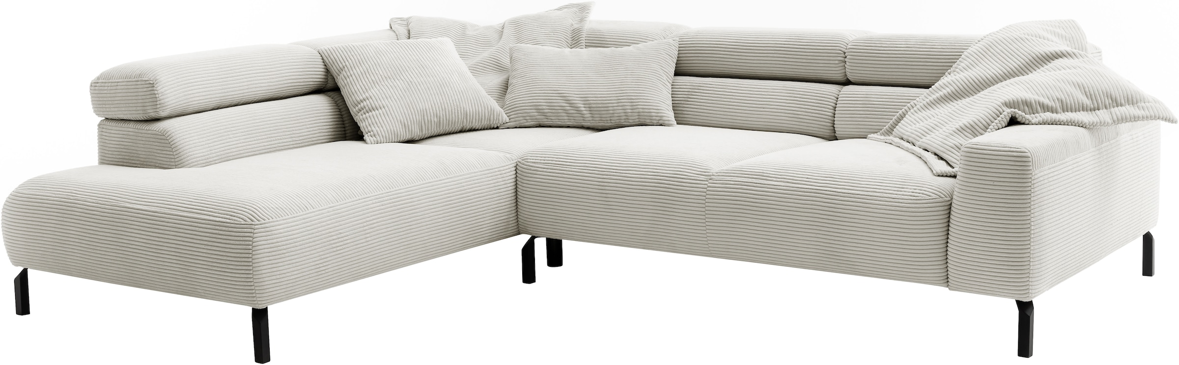 PLACES OF STYLE Ecksofa »Antonelli, L-Form,  inkl. Kopfteilverstellung, Breite 276 cm« ohne Sitztiefenverstellung, in Cord, hellgrau