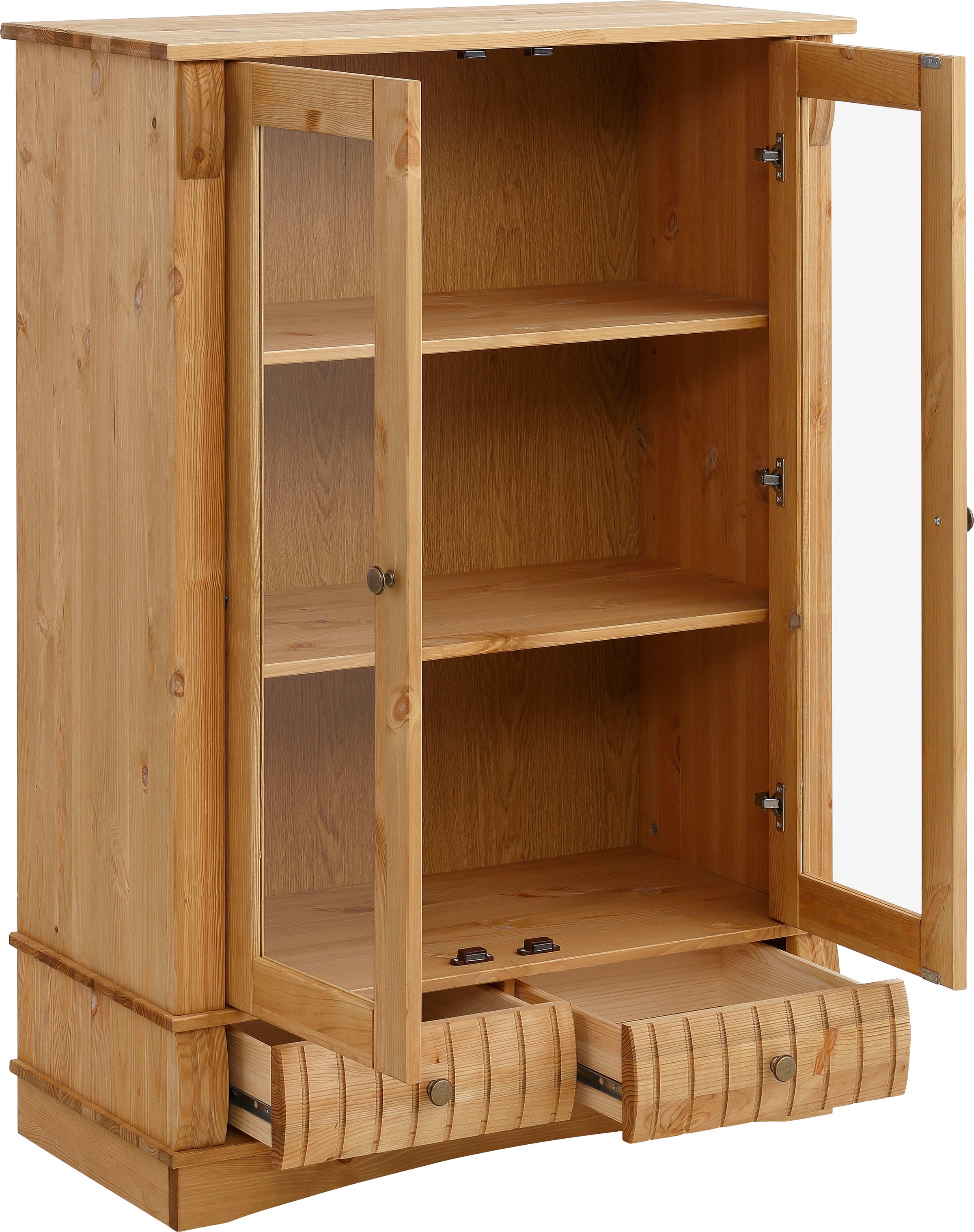 Home affaire Vitrine »Teresa«, mit 2 Glastüren und 2 Schubladen, Höhe 120 cm, aus Massivholz