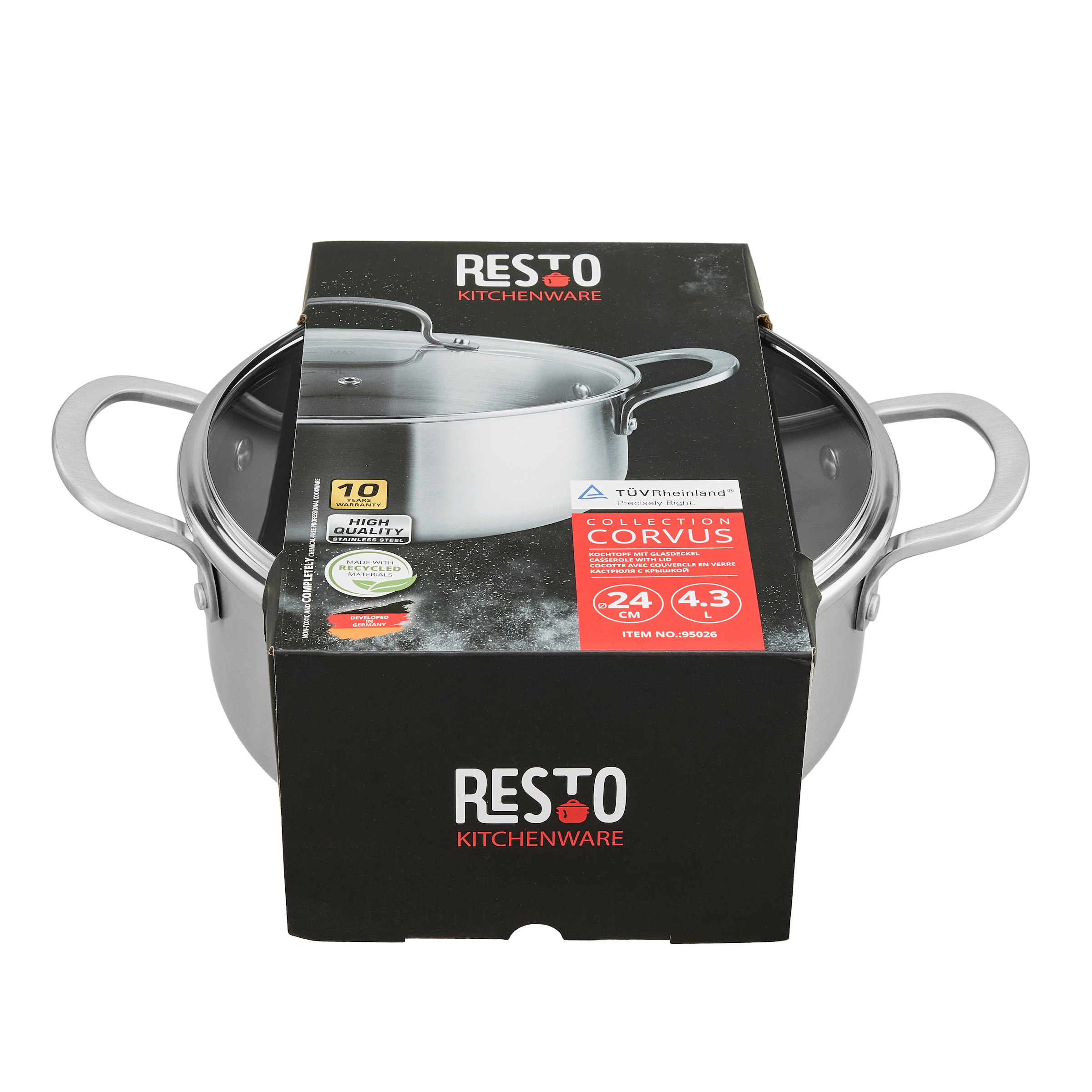 RESTO Kitchenware Kochtopf »CORVUS mit Glasdeckel, TRI-PLY- Aufbau – 3-lagige Konstruktion« 1 tlg. Aluminium | Edelstahl 18/10