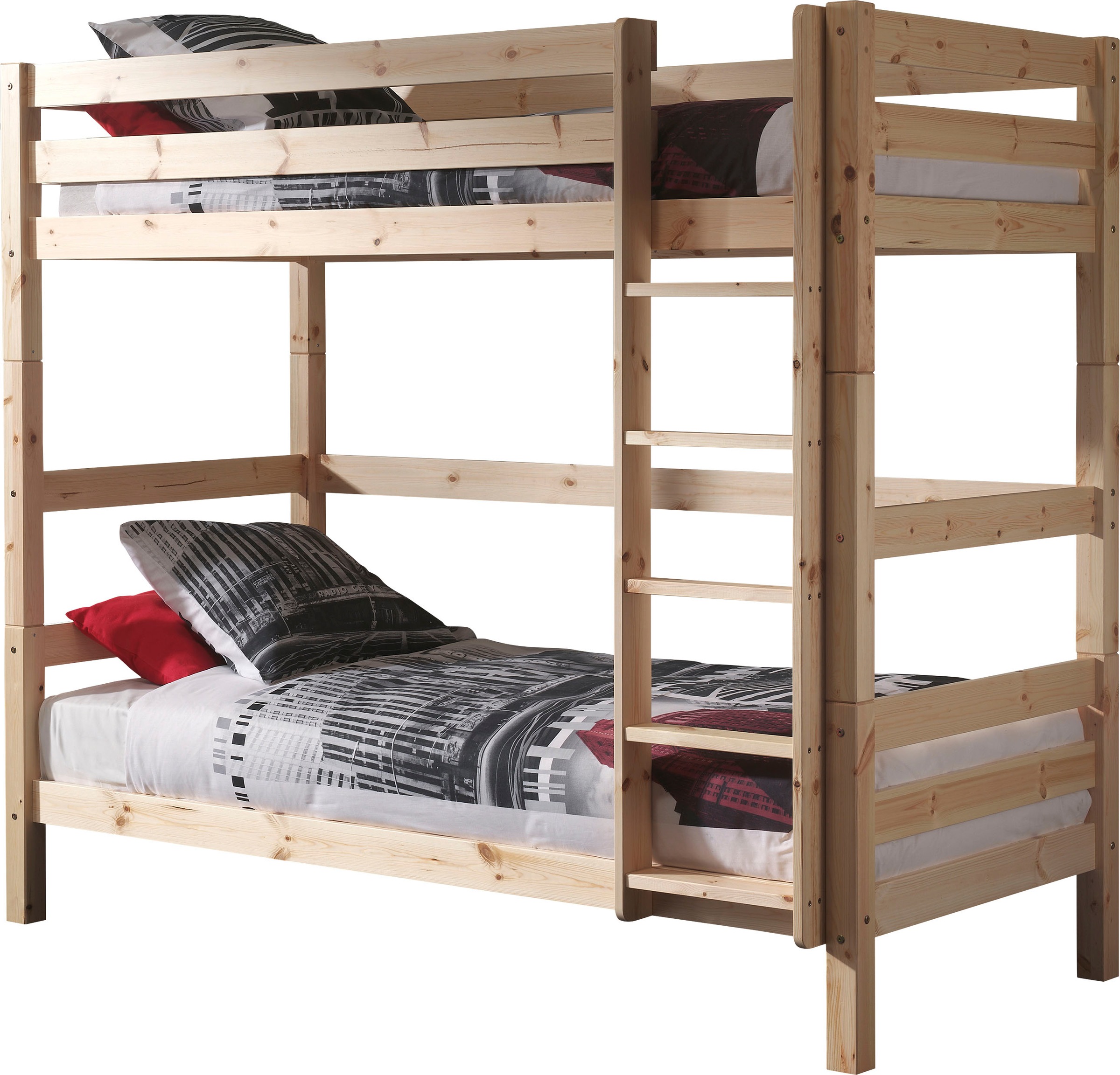 Vipack Etagenbett »Pino, inkl. Rolllattenrost, Leiter und Absturzschutz«, (B/H/T ca. 210x182x105cm, massiv Kiefer verschiedene Farben), wahlweise ohne Schublade, mit 1 großen, 2 kleinen Bettschubladen