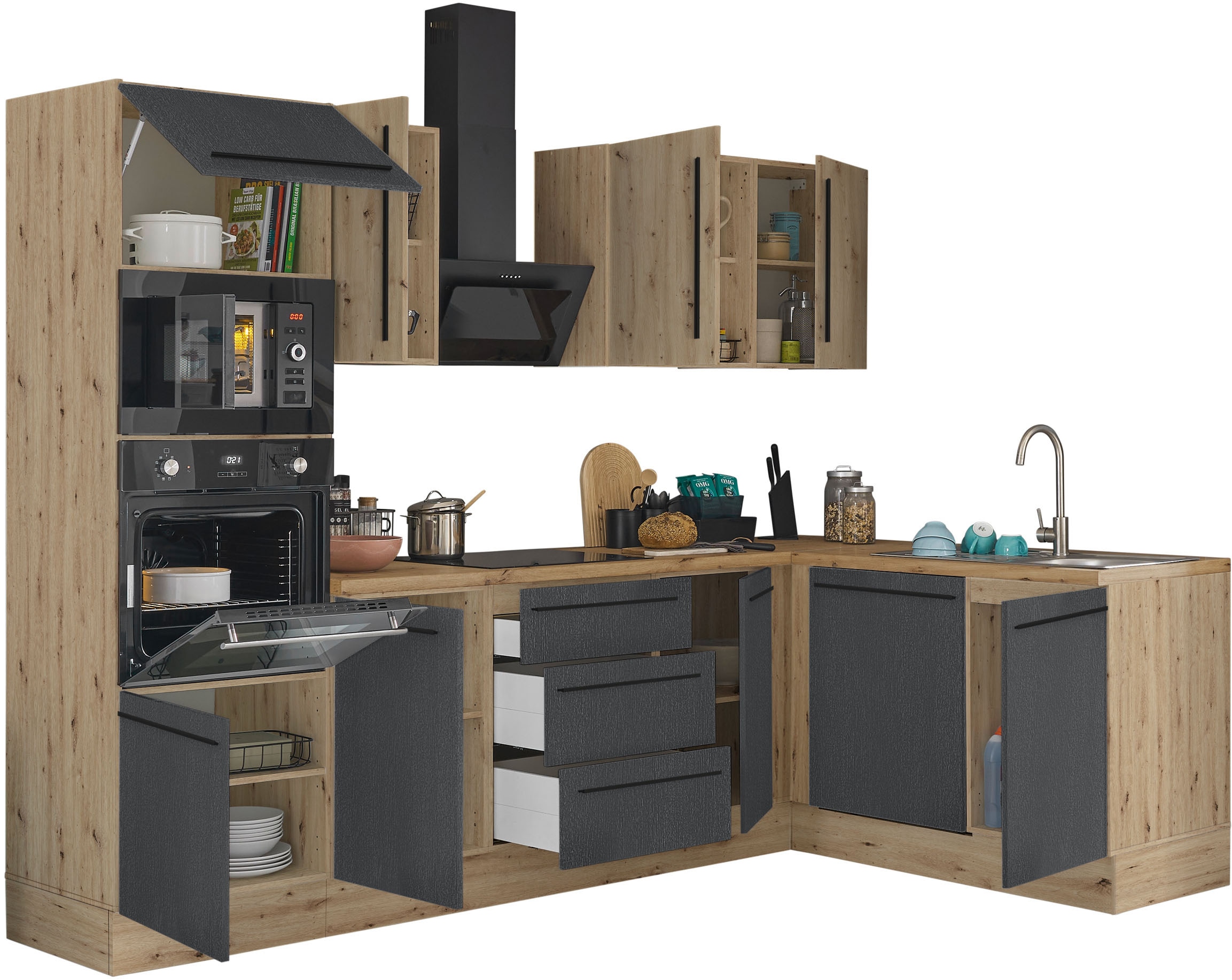KOCHSTATION Winkelküche »Florida, Stellbreite 280x165 cm«, wahlweise mit E-Geräten, mit Softclose für Türen und Schubkästen