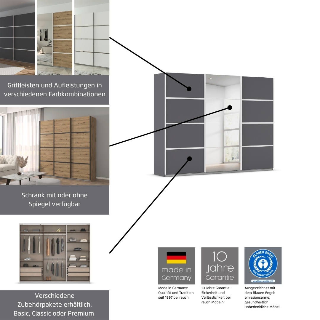 rauch Kleiderschrank »Schwebetürenschrank OTTO´s Choice Garderobe Schrank TOP ANGEBOT Avola«, (in 3 verschiedenen Ausstattungen BASIC/CLASSIC/PREMIUM inkl. Spiegel), mit eleganten Zierleisten in Chrom, Schwarz oder Weiß MADE IN GERMANY