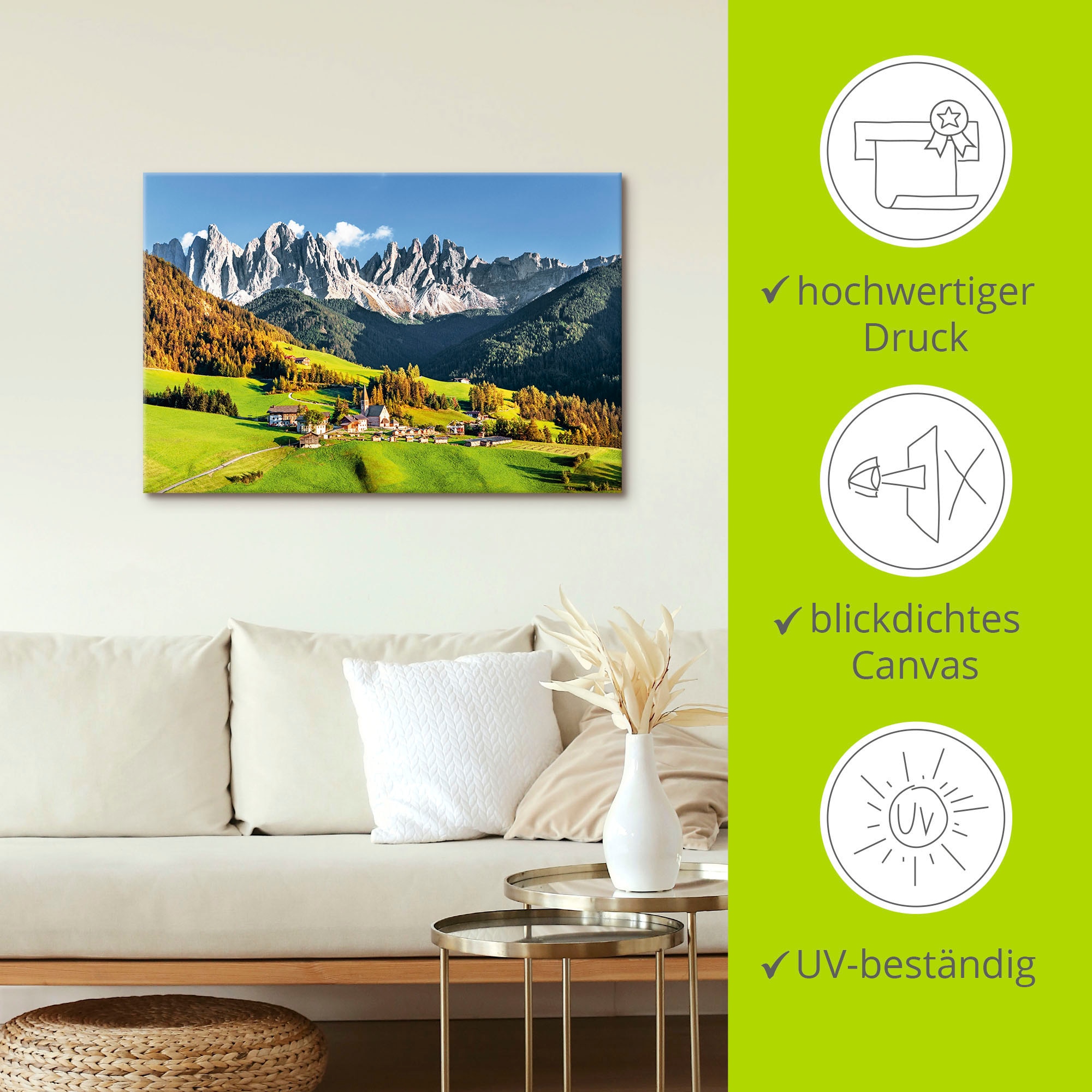 Artland Wandbild »Alpen Berge Santa Maddalena«, Berge & Alpenbilder, (1 St.), als Alubild, Outdoorbild, Leinwandbild, Poster in verschied. Größen