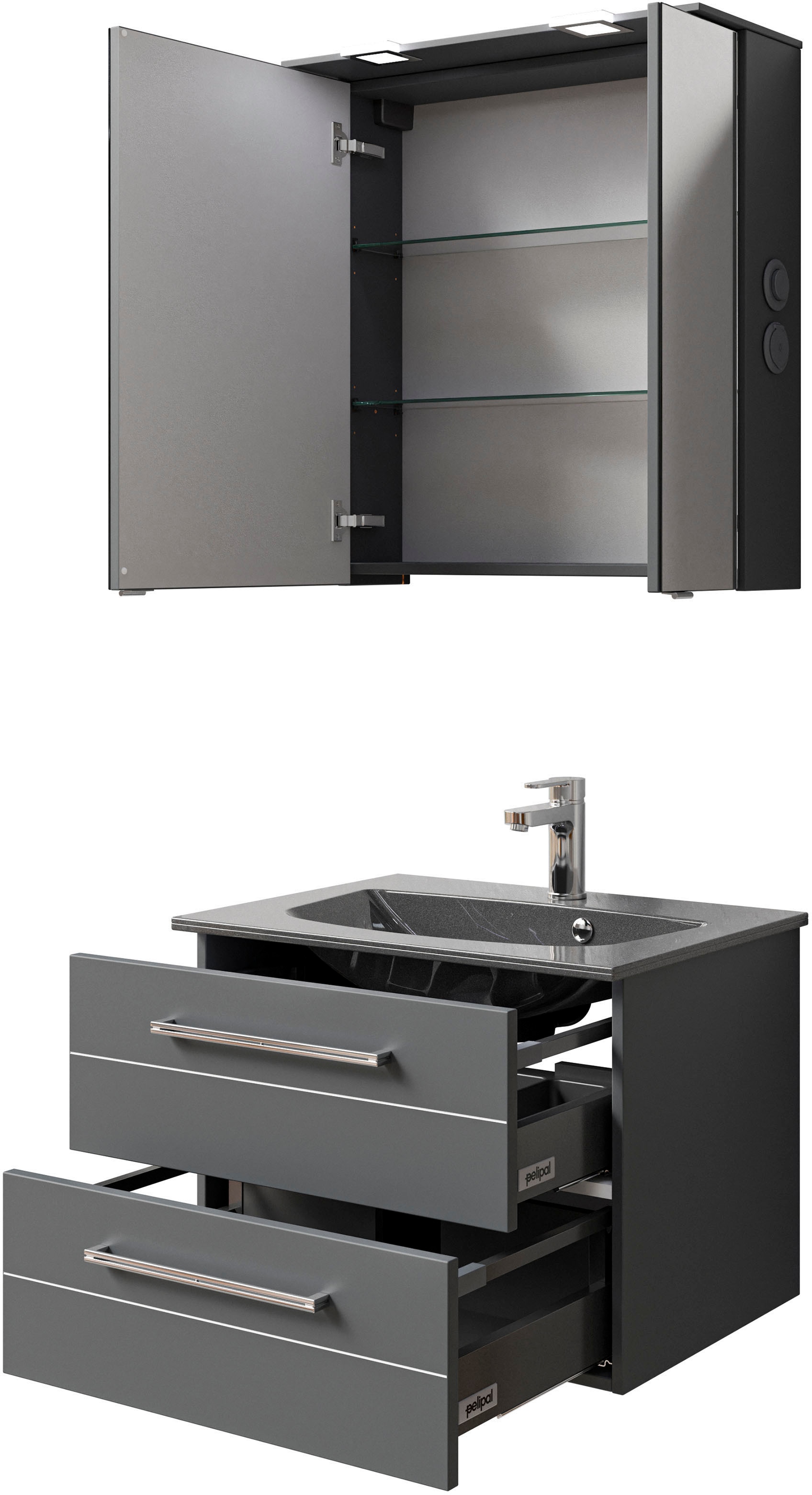 Saphir Badmöbel-Set »Serie 6025 2-teilig Mineralmarmor-Waschtisch mit LED-Spiegelschrank«, (2 St.), Waschplatz 67 cm breit, 2 Schubladen, 2 Spiegel-Türen, inkl Türdämpfer