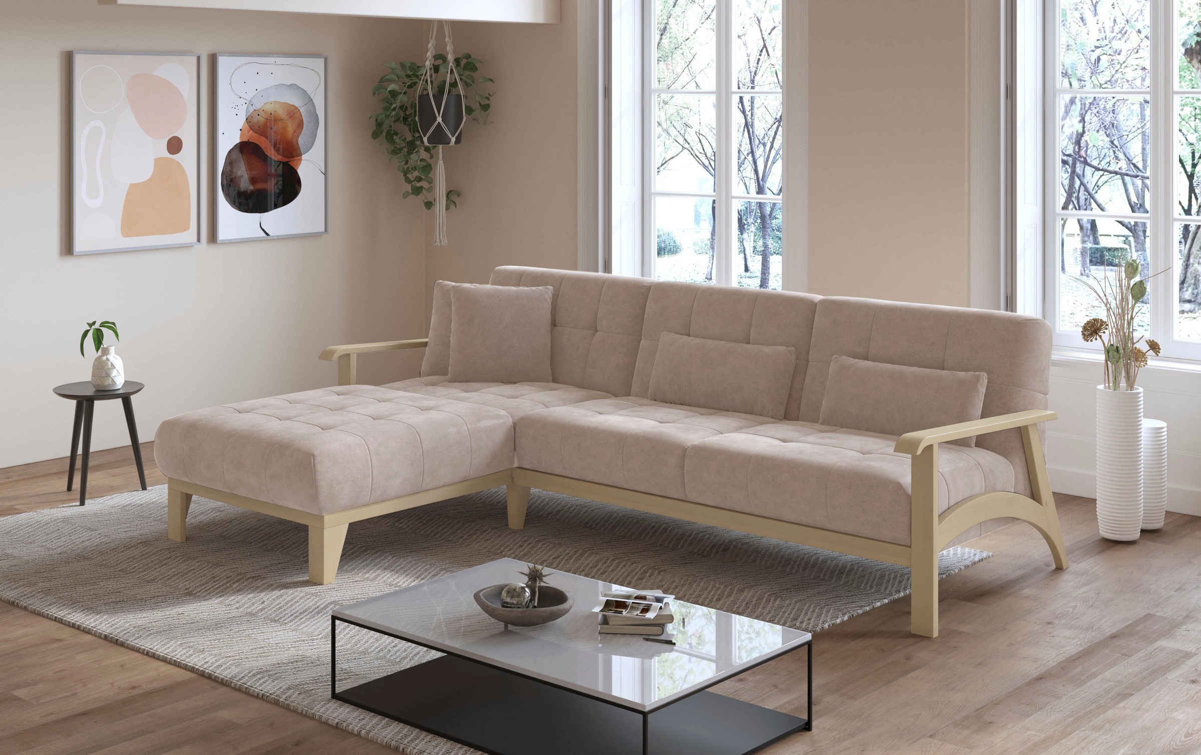 sit&more Ecksofa »Billund L-Form«, Armlehnen aus Buchenholz in natur, verschiedene Bezüge und Farben