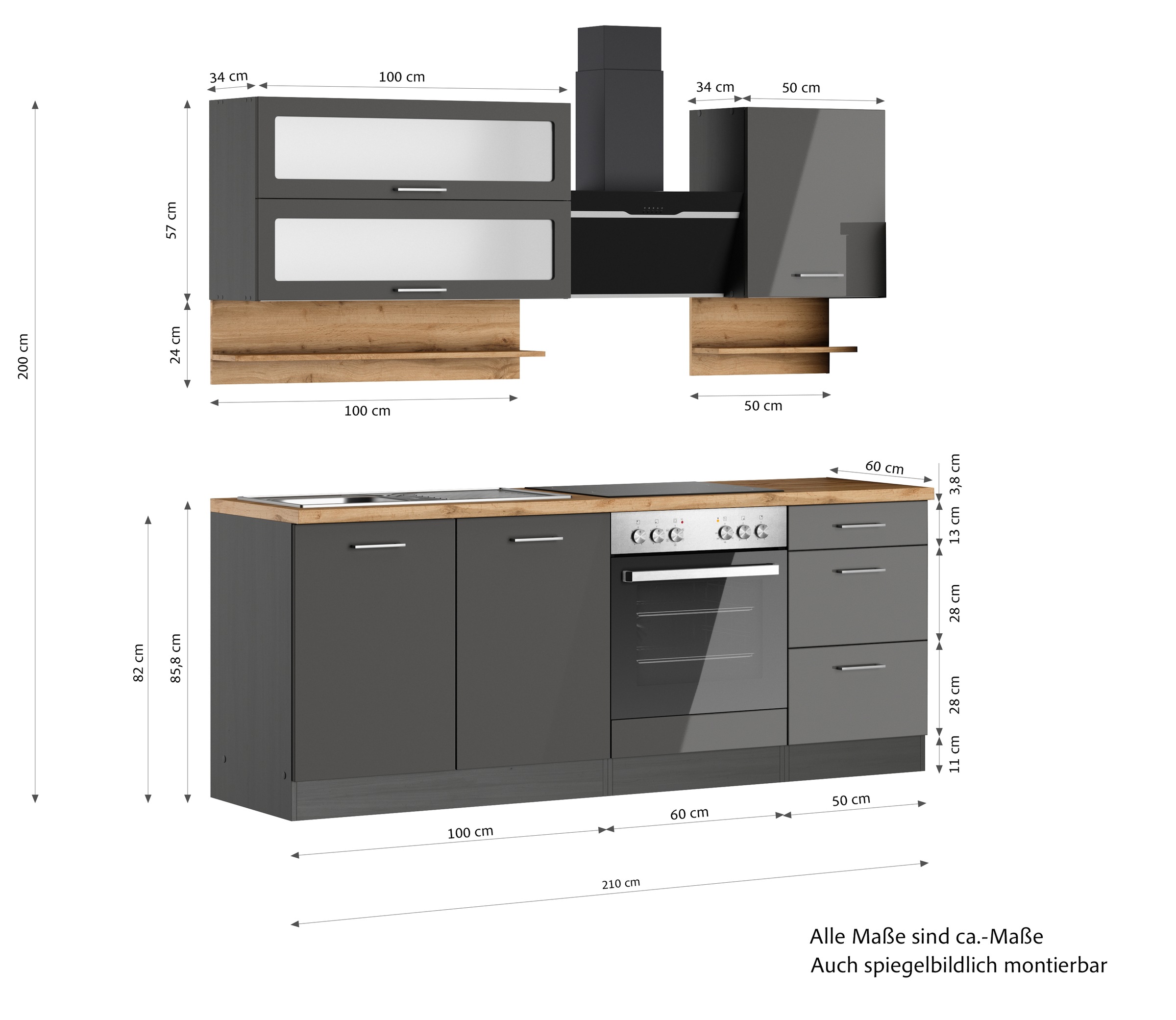 KOCHSTATION Küchenzeile »KS-Milan«, 210 cm breit, robuste Metallauszüge, viel Stauraum