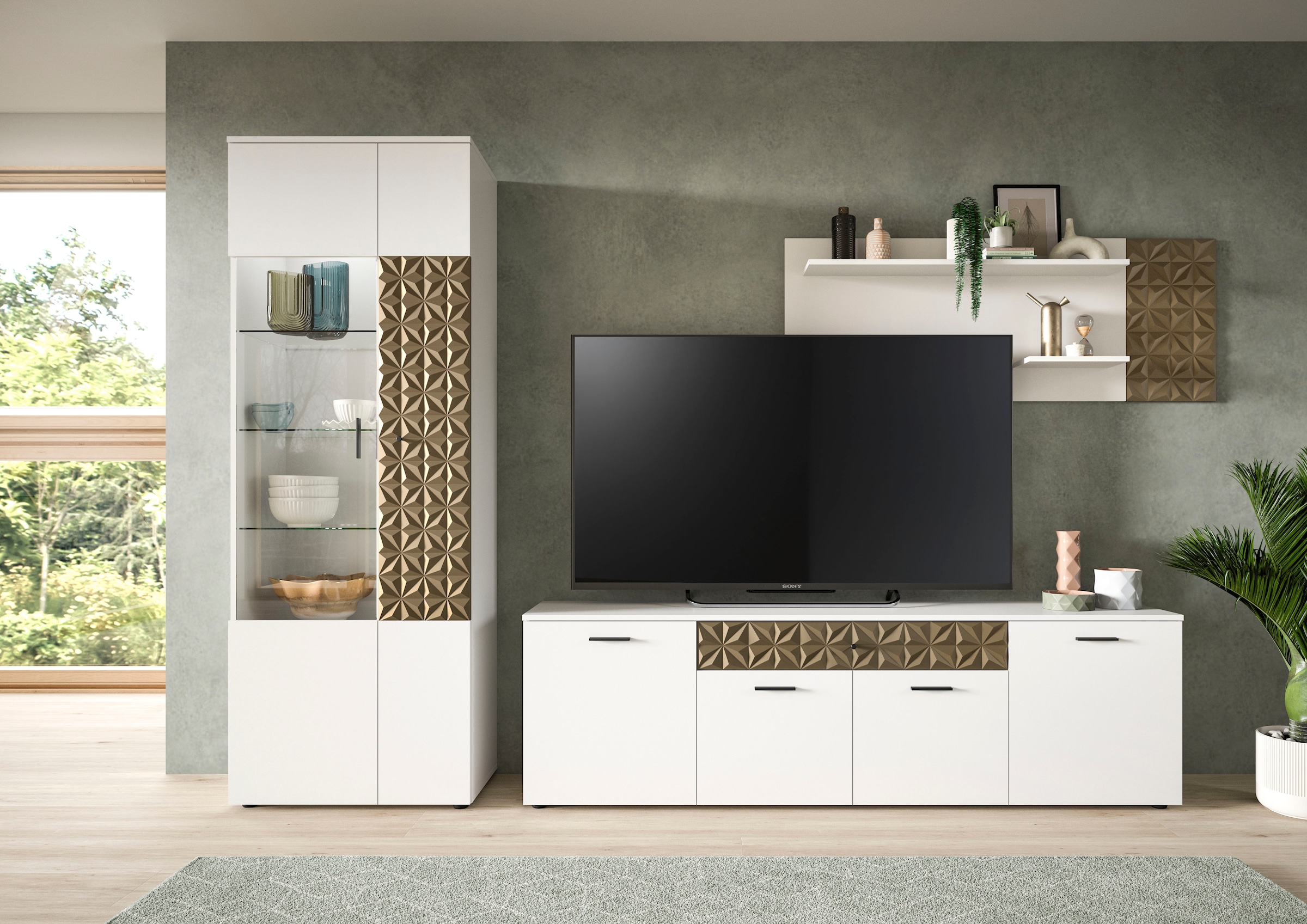 INOSIGN Wohnwand »Vicenza, 3-teilig, bestehend aus: Vitrine, Lowboard, Wandboard«, (3 St.), mit Ornamentabsetzung, Kombination, Anbauwand, TV-Wand, Schrankwand