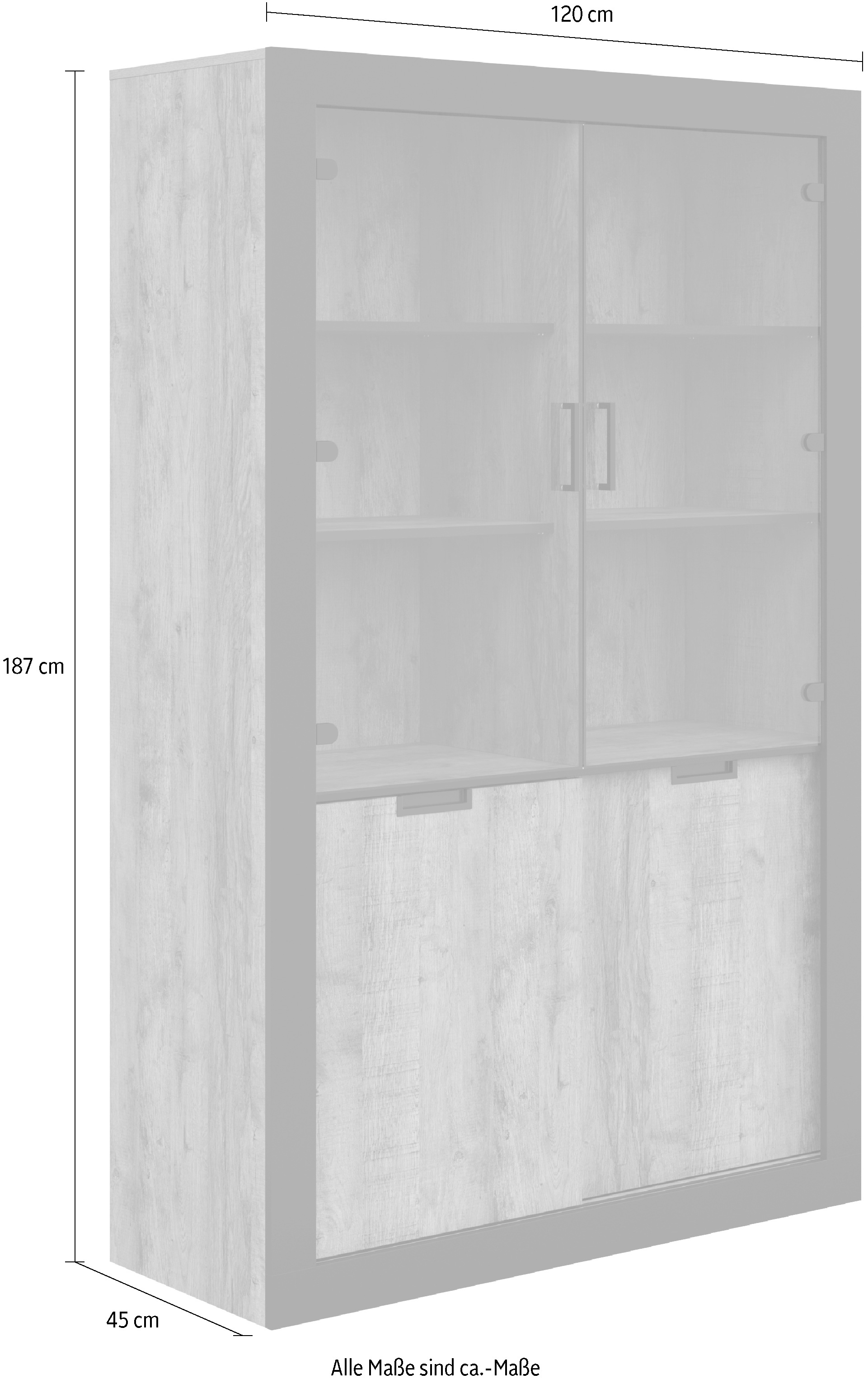 INOSIGN Vitrine »Tudor, Breite 120 cm, moderne Glasvitrine 2x Schiebetüren/2x Glastüren«, Hochschrank im Landhausstil, viel Stauraum, Einlegeböden verstellbar