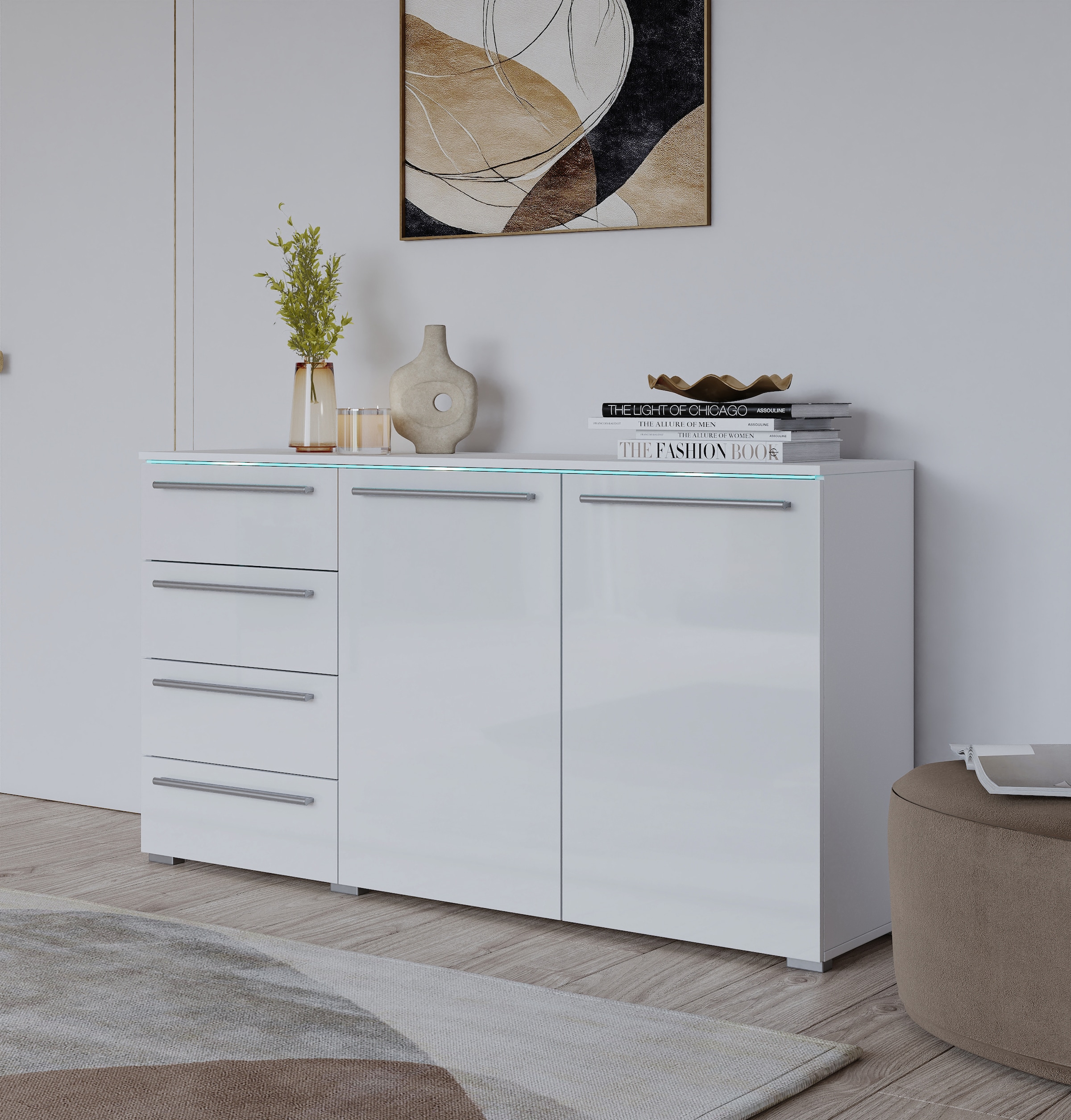 INOSIGN Sideboard »India, aus FSC-zertifiziertem Holzwerkstoff, Made in Europe«, (135x81x41 (BxHxT), Schieferoptik oder weiß mit Hochglanzfronten), Schubladenschrank inklusive Beleuchtung mit Fernbedienung