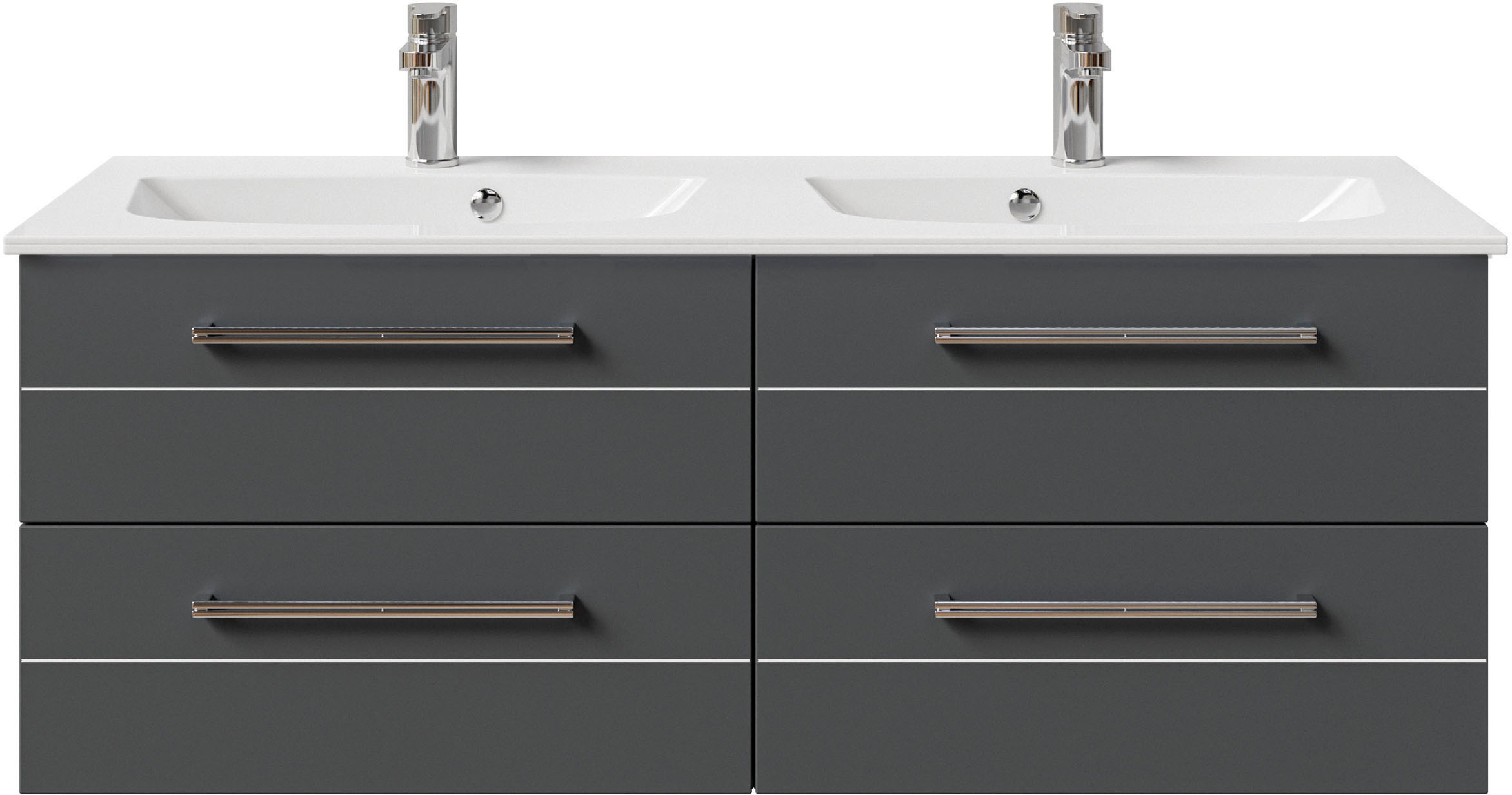 Saphir Badmöbel-Set »Serie 6025 2-teilig Mineralmarmor-Waschtisch mit LED-Spiegelschrank«, (2 St.), Waschplatz 132cm breit, 4 Schubladen, 2 Spiegel-Türen, inkl Türdämpfer