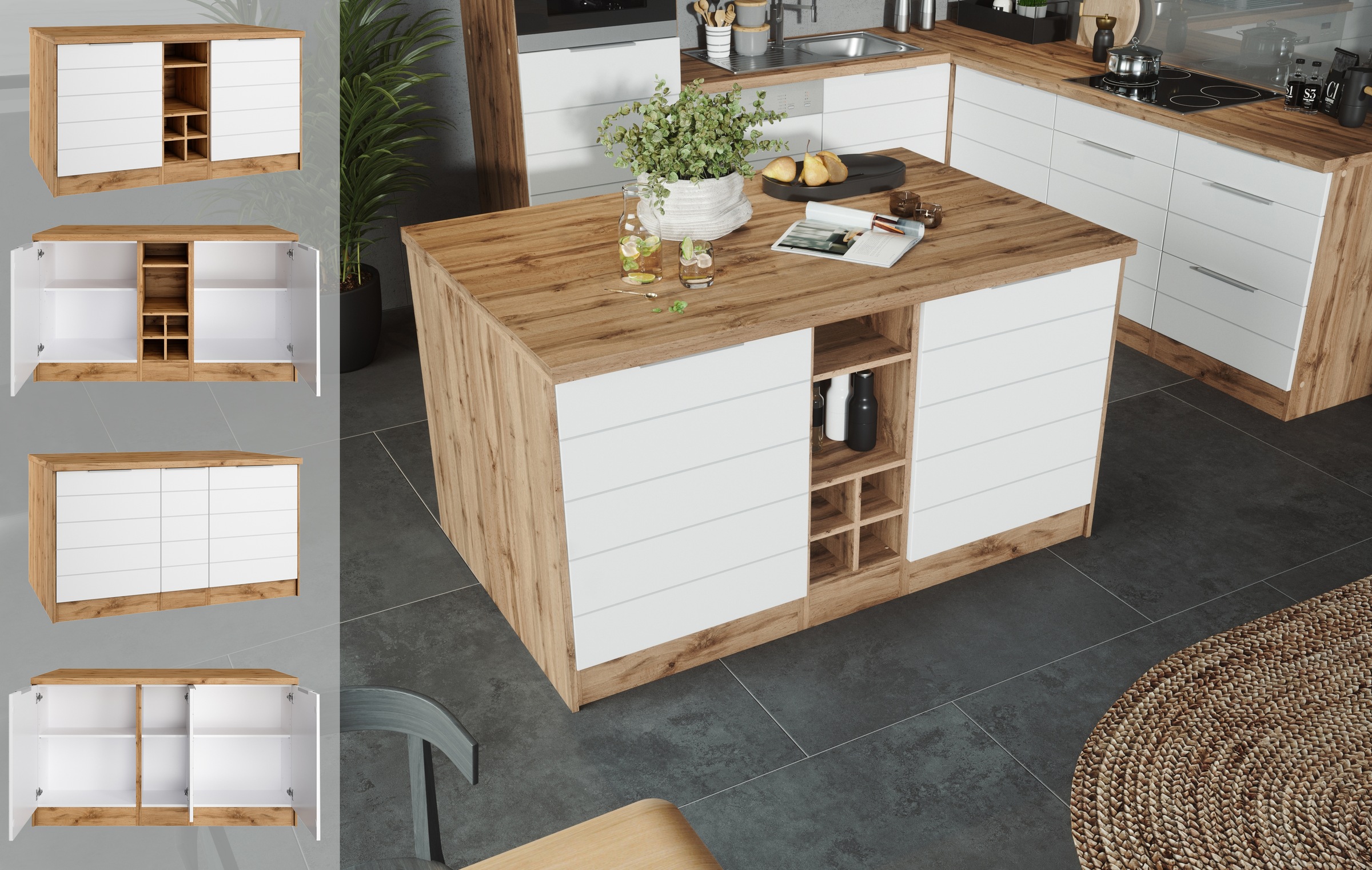 KOCHSTATION Kücheninsel »KS-Luhe, Breite 153 cm, mit Flaschenregal«, MDF-Fronten, Arbeitsplatte 38mm stark