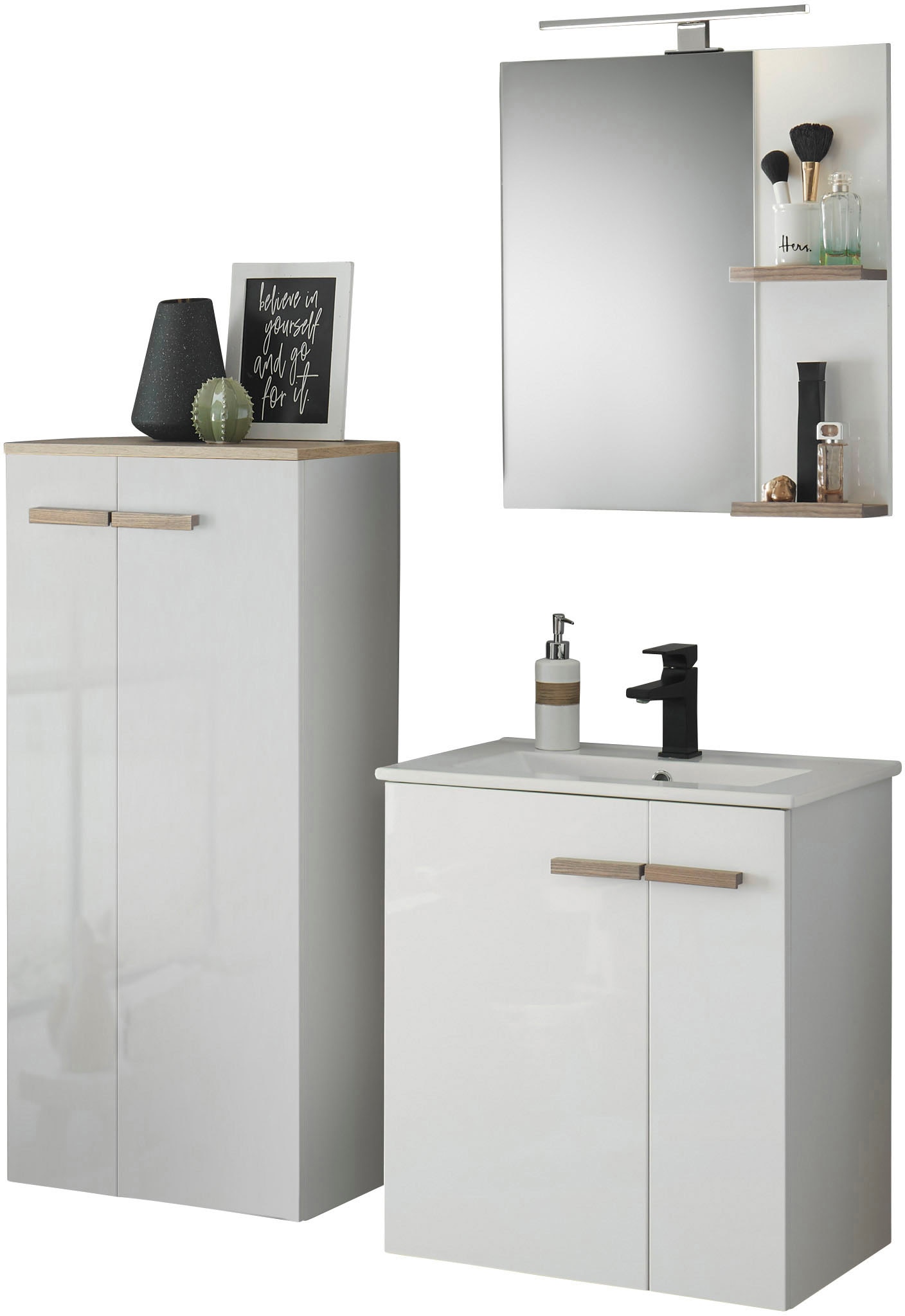 Places of Style Badmöbel-Set »SOLiD, Badmöbel-Set, Bad im modernen Design, 3-teiliges Badezimmer«, (3 St.), Waschtisch mit Waschbecken, Midischrank, Breite 130 cm