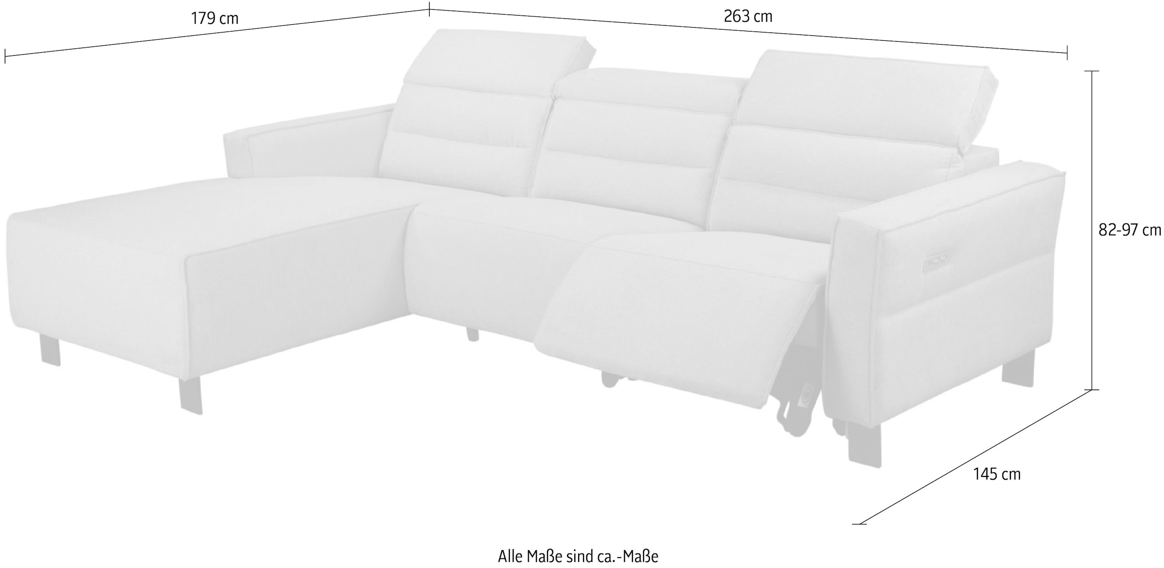 Places of Style Ecksofa »Carpari, L-Form, 263 cm, manuelle o. elektrische Relaxfunktion,«, USB A/C und Kopfteilverstellung