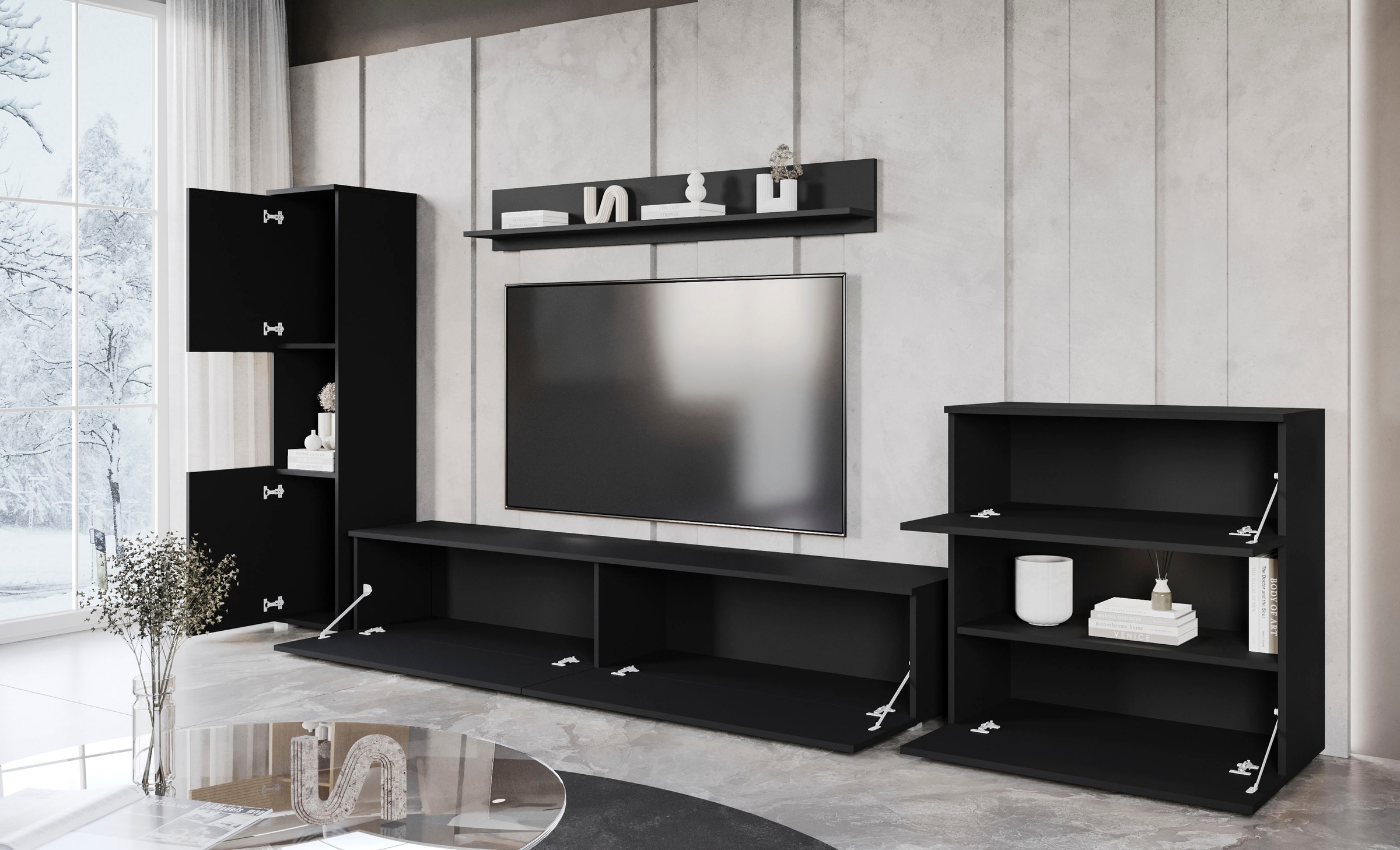 INOSIGN Wohnwand »PARIS, Vitrine Türanschlag links/rechts wechselbar«, (Komplett-Set, 4 St.), grifflose Design, stehend und hängend montierbar