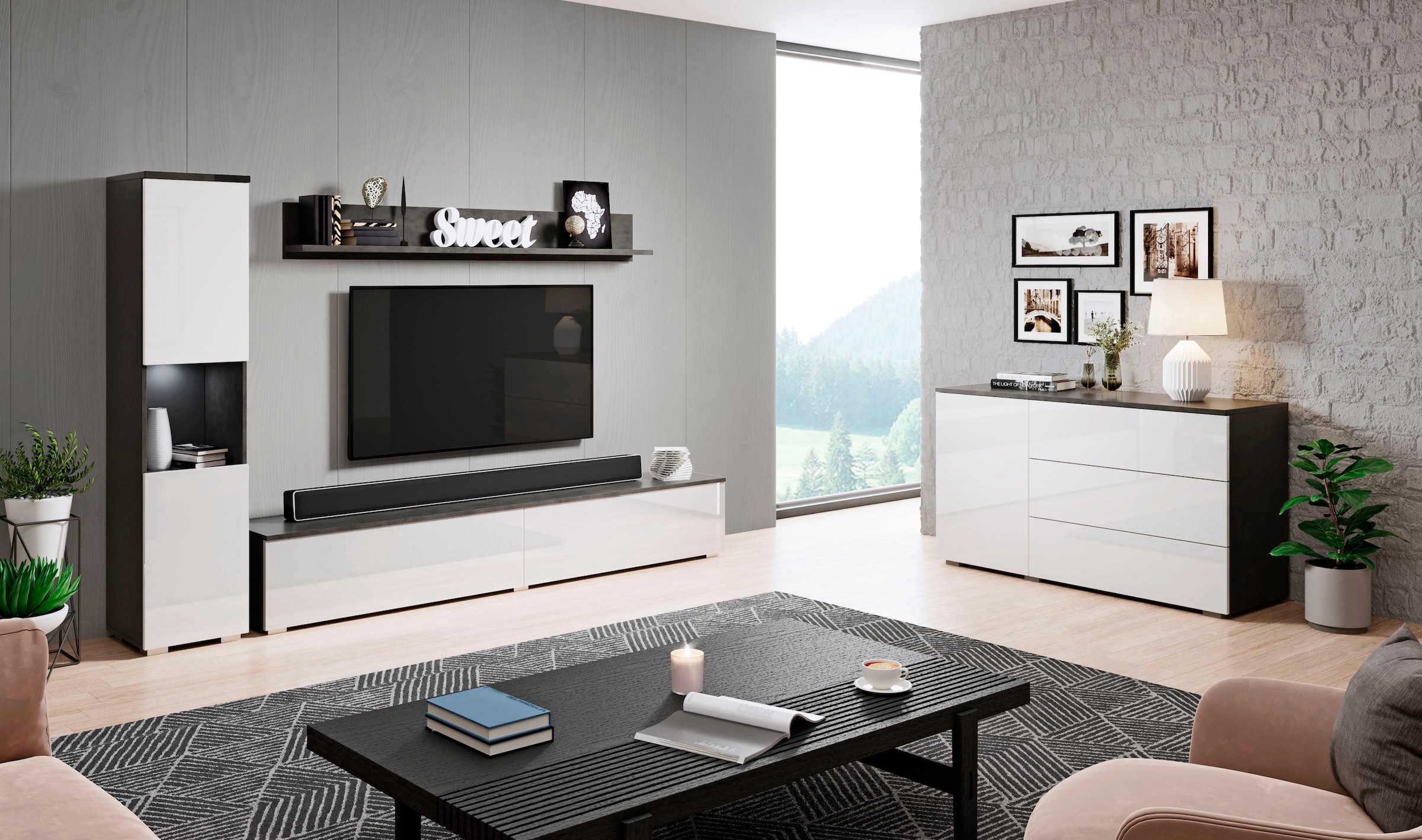 INOSIGN Wohnwand »PARIS«, (Komplett-Set, 3 St.), TV-Wand 220cm breite, grifflose Design, stehend und hängend montierbar