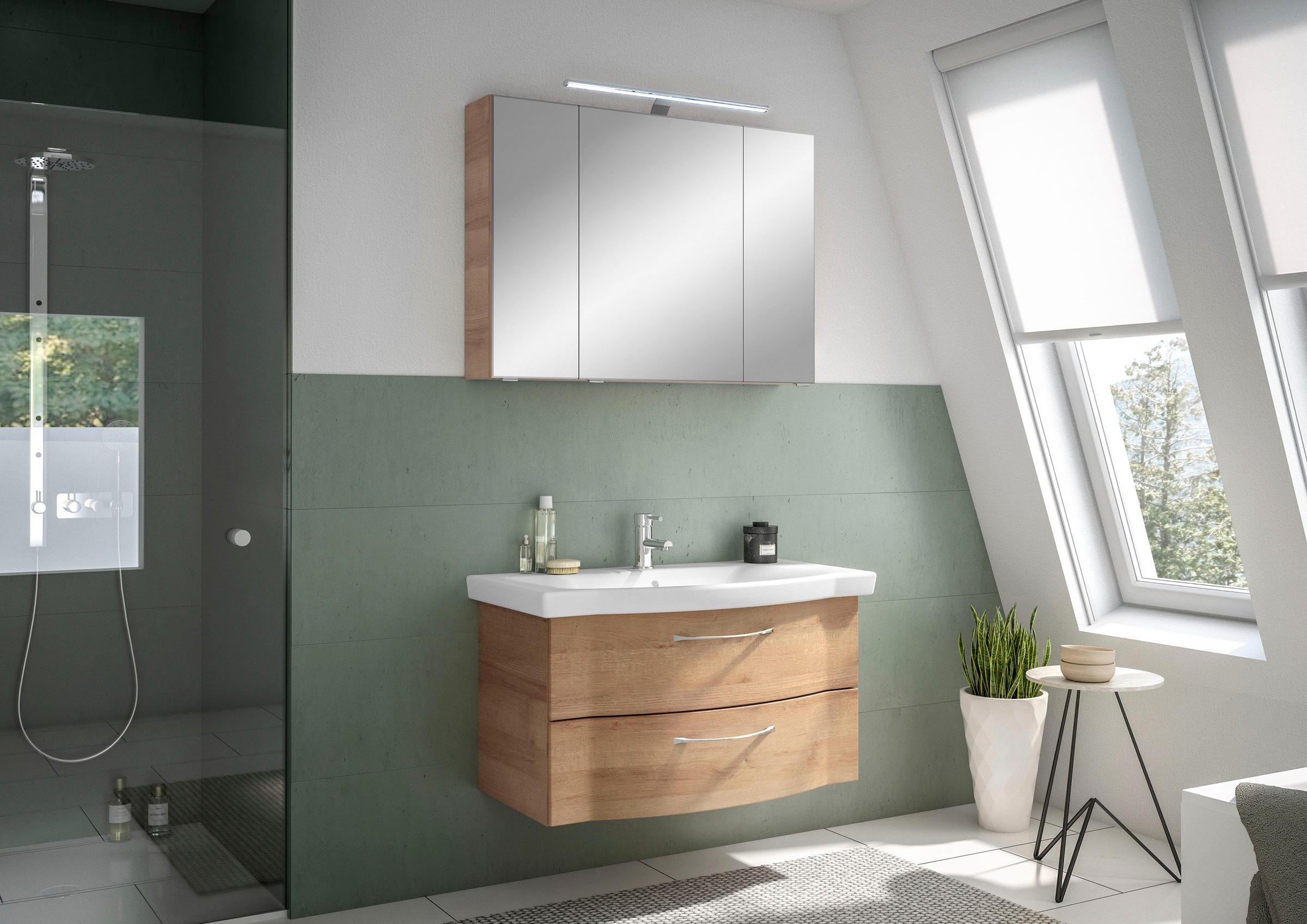 Saphir Badmöbel-Set »6005 Sprint 2-teilig, Keramik-Waschtisch mit LED-Spiegelschrank«, (2 St.), Waschplatz 98 cm breit, inkl. Türdämpfer, 3 Türen, 2 Schubladen