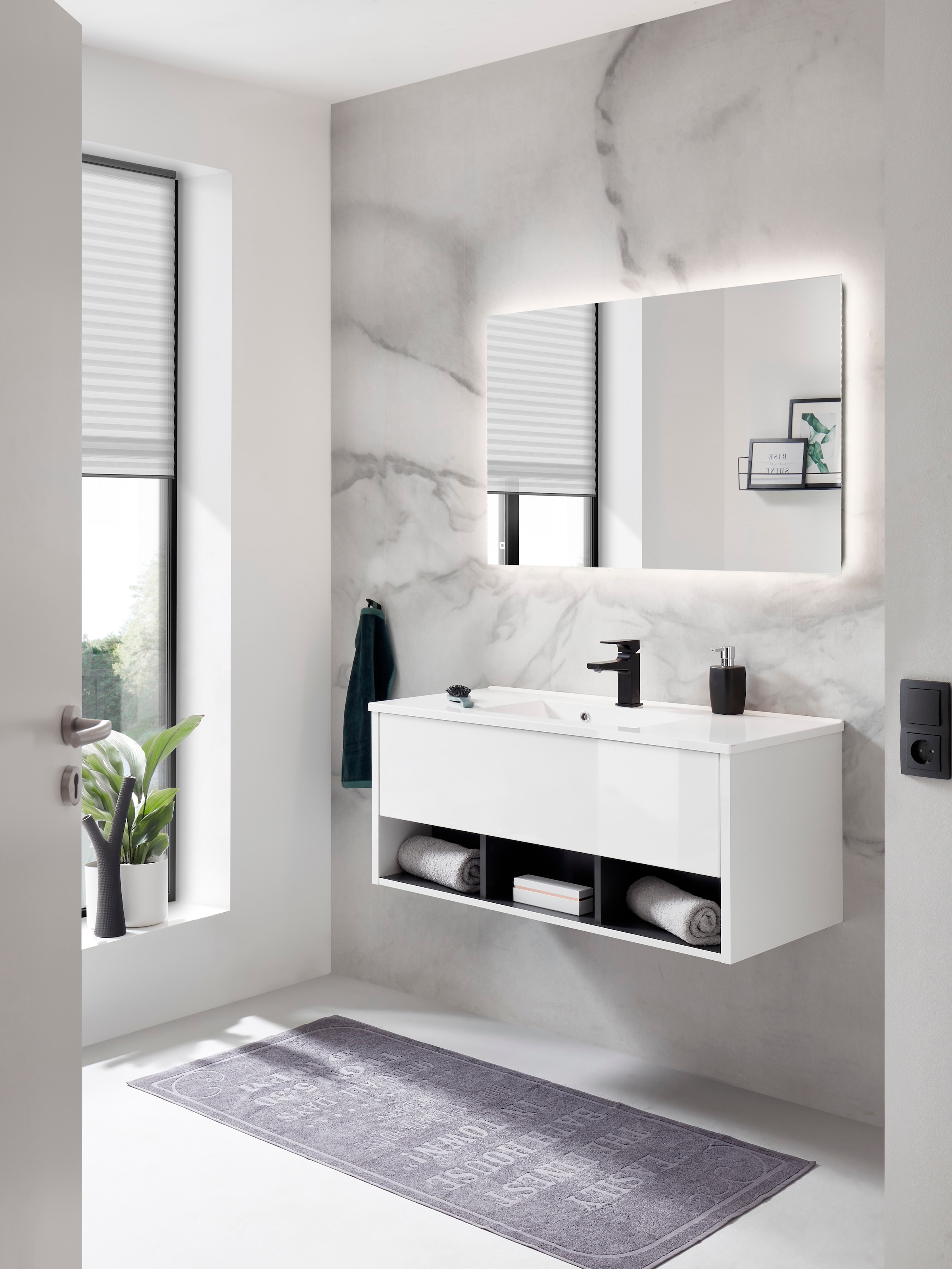 Places of Style Badmöbel-Set »Studio Line, Bad im modernen Design, 2-teiliges Badezimmer«, (2 St.), Waschtisch und Spiegel, in zwei Farben verfügbar, viel Stauraum