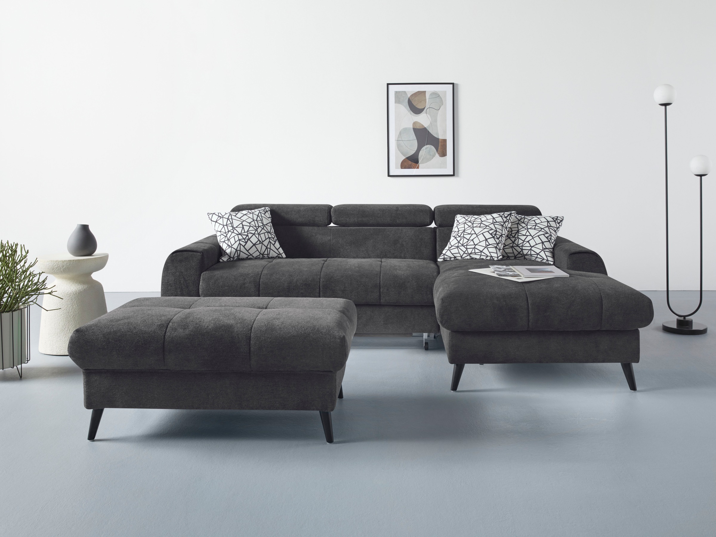 COTTA Ecksofa »Mia L-Form mit 3 Zierkissen«, wahlweise mit Bettfunktion, Bettkasten, Beleuchtung & Wireless-Charger