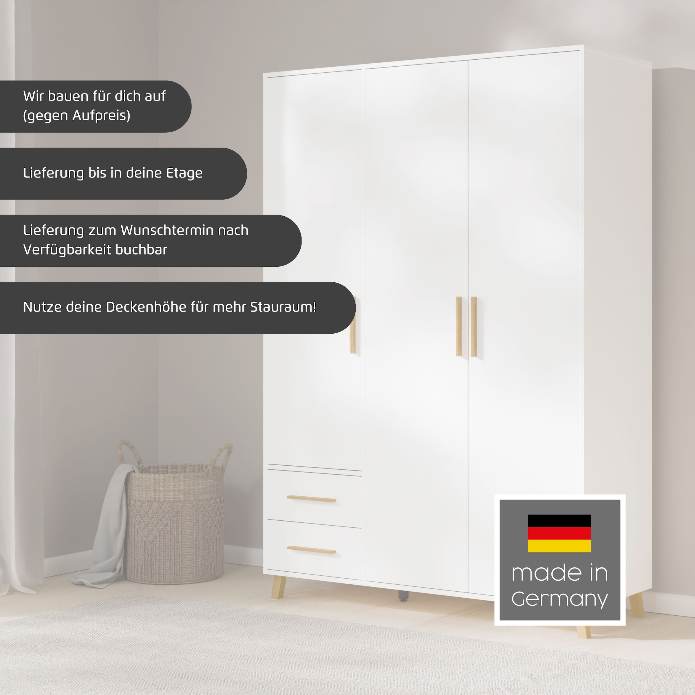 rauch Drehtürenschrank »Kleiderschrank Schrank Garderobe SHINJO Breiten 93/140/187 cm« in 3 verschiedenen Ausstattungen BASIC/CLASSIC/PREMIUM,  Griffe und Füße aus Massivholz, viel Stauraum MADE IN GERMANY