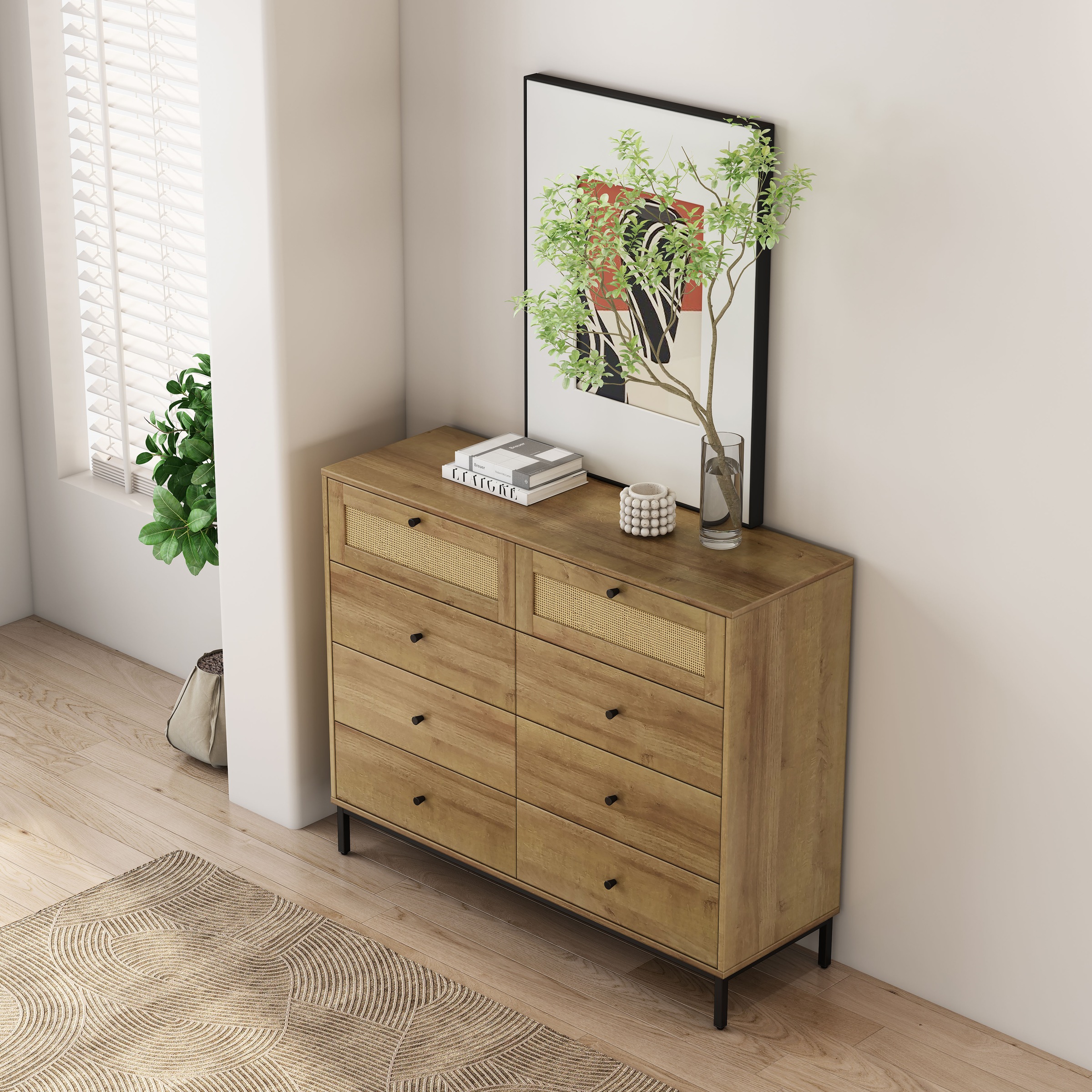 OTTO home Kombikommode »Motala Wäsche Schrank mit 8 Schubladen Sideboard BOHO Design« Eichen-Design mit schwarzen Griffen und Geflecht Schubladen, 