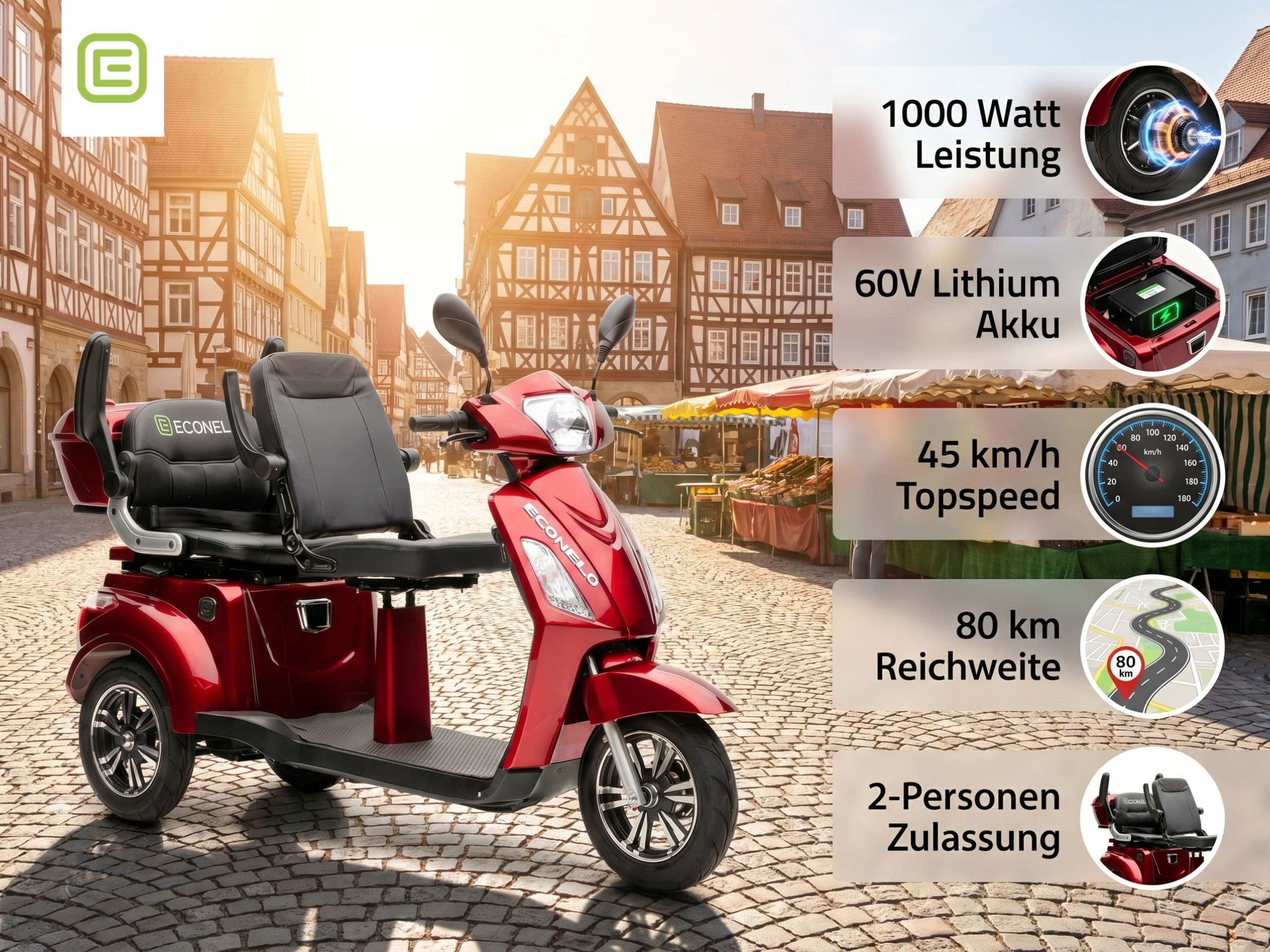 ECONELO Elektromobil 1.000 W 25 km/h Sicherheitsrollen gegen Kippen, 3 Geschwindigkeitsstufen
