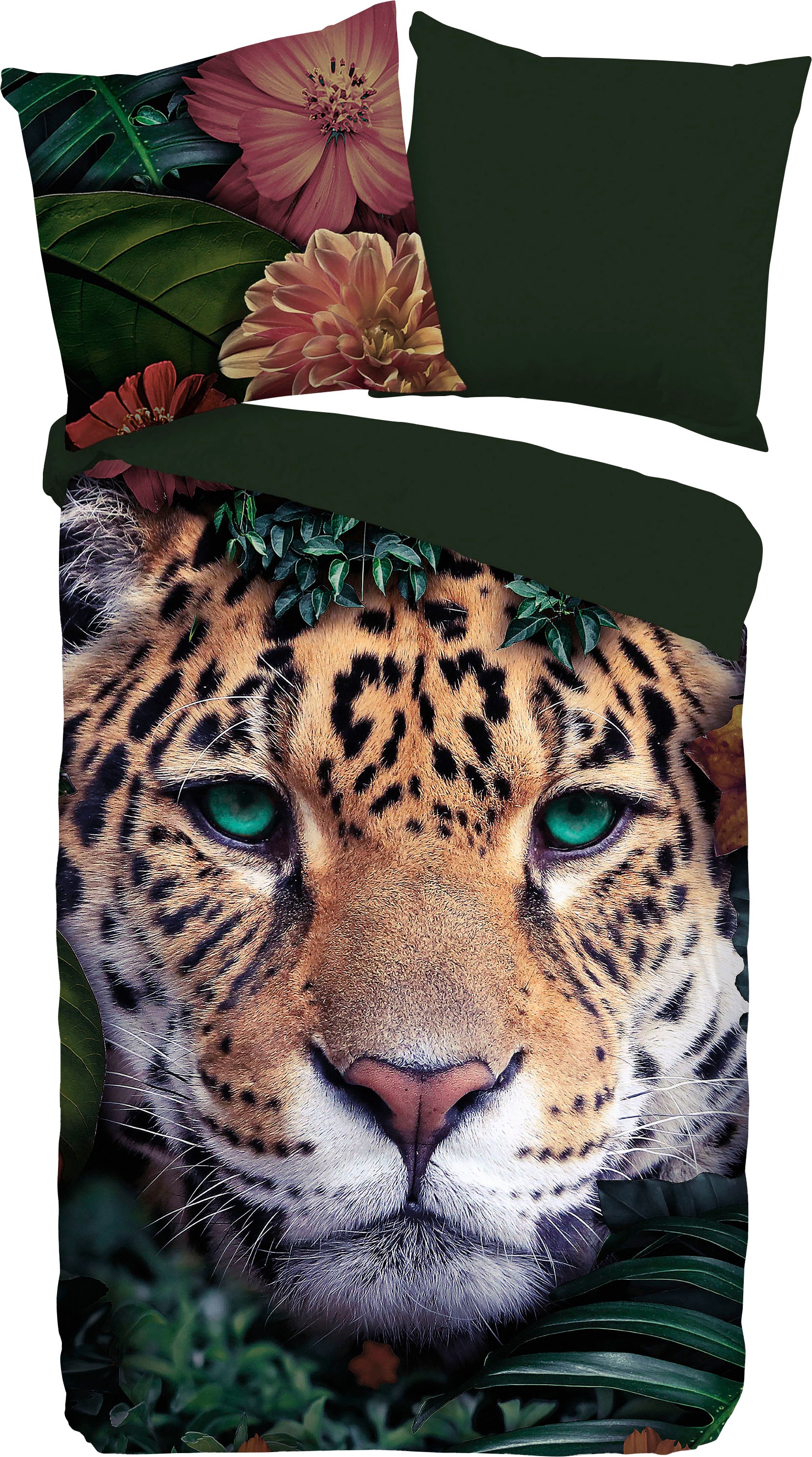 PURE luxury collection Wendebettwäsche »Wildlife flowers«, Mikrofaser, 135x200, Pflegeleicht, Reißverschluss, Wendeoptik, Tiger