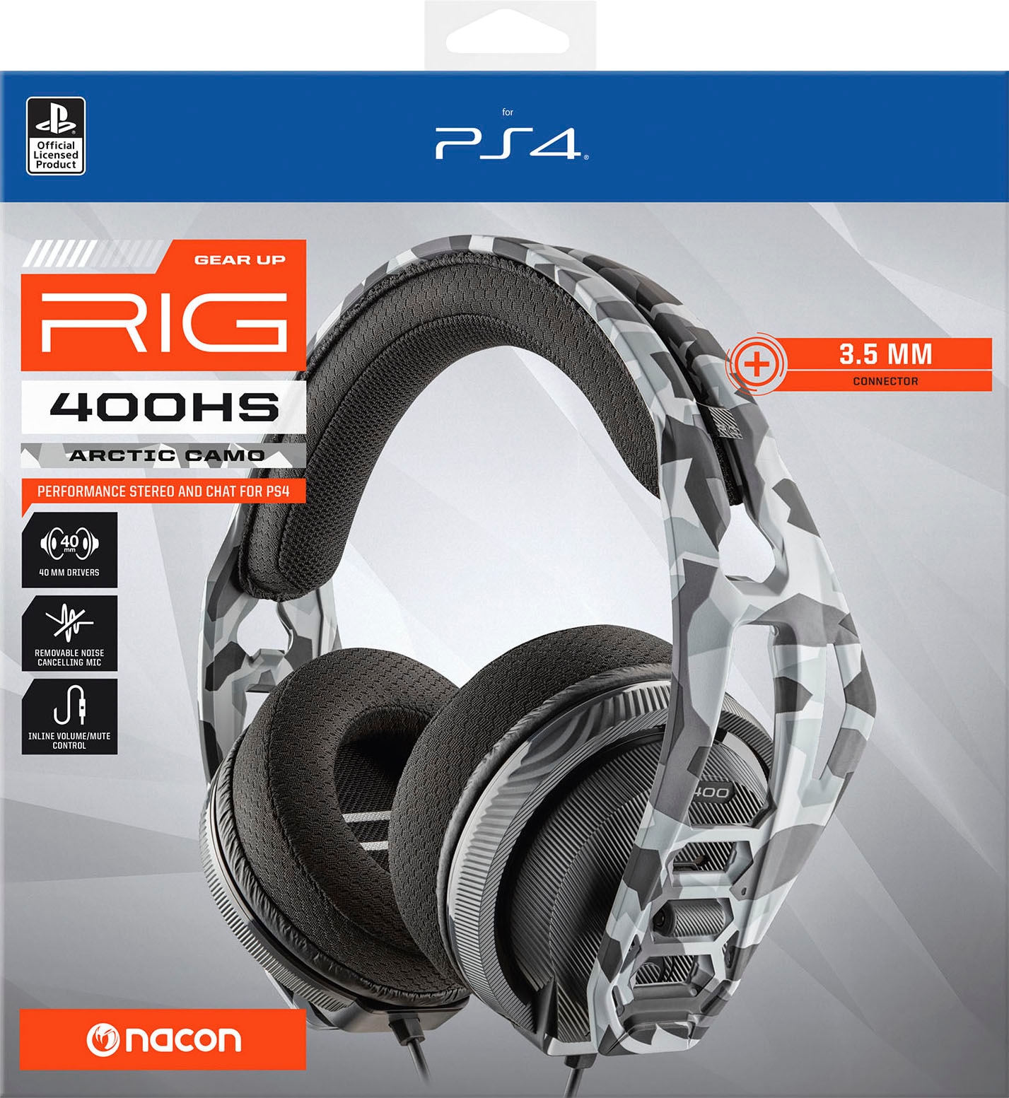 nacon Gaming-Headset »Nacon RIG 400HS Gaming-Headset, Camo-schwarz, 3,5 mm Klinke«, Mikrofon abnehmbar, kabelgebunden, Stereo, Over Ear, PC, Mac, PS4-Lizenz