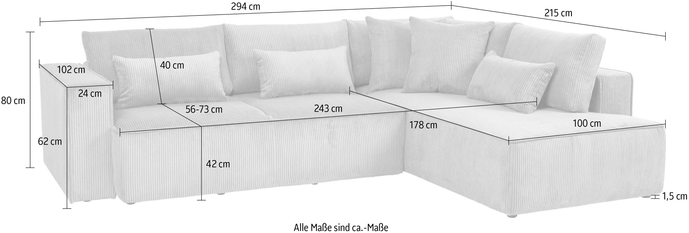 OTTO home Ecksofa »Tillian, Schlafsofa« Breite 294 cm, Breitkord, Sitzfläche mit Taschenfederkern