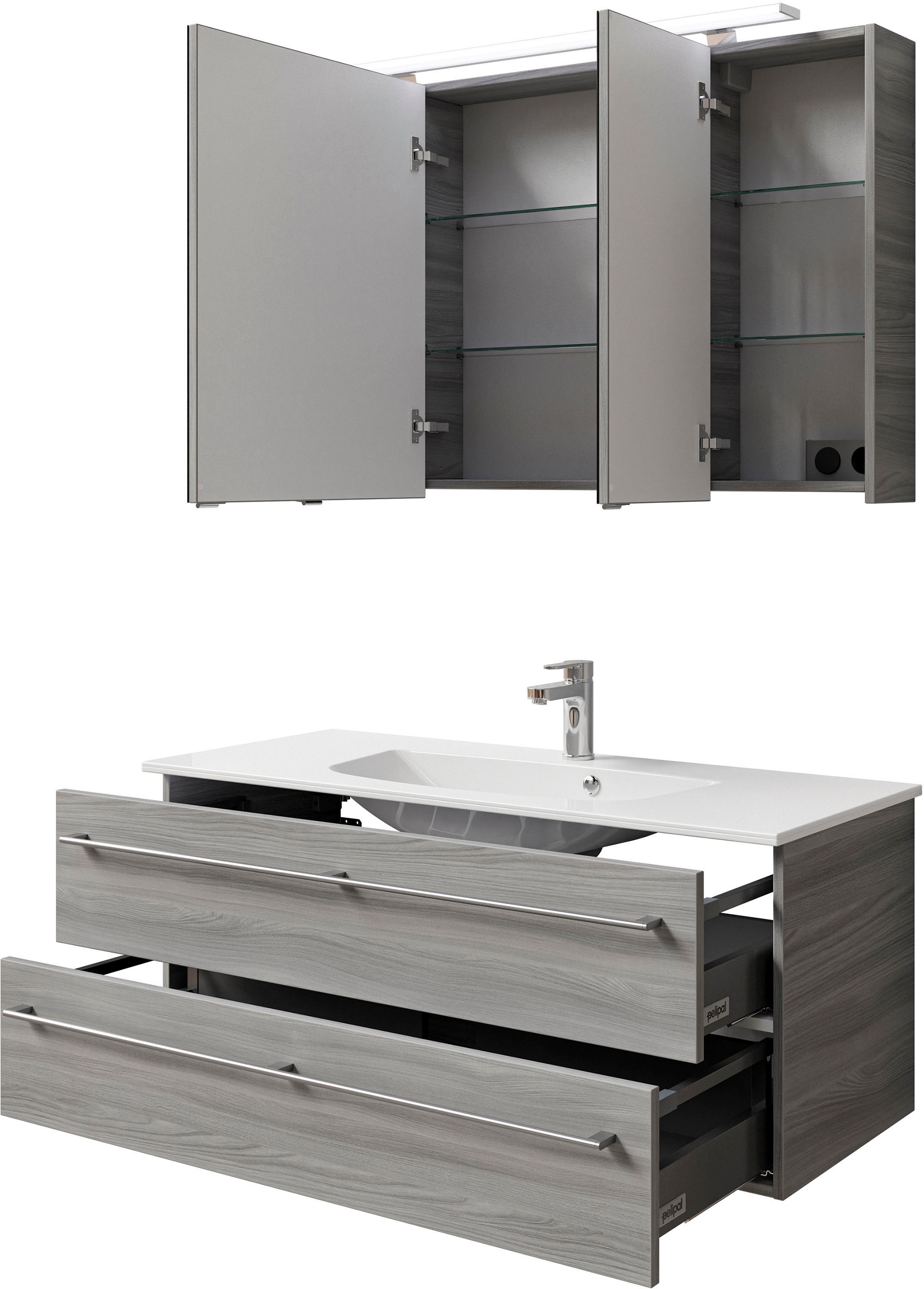 Saphir Badmöbel-Set »Serie 6025 2-teilig Mineralmarmor-Waschtisch mit LED-Spiegelschrank«, (2 St.), Waschplatz 117cm breit, 2 Schubladen, 3 Spiegel-Türen, inkl Türdämpfer