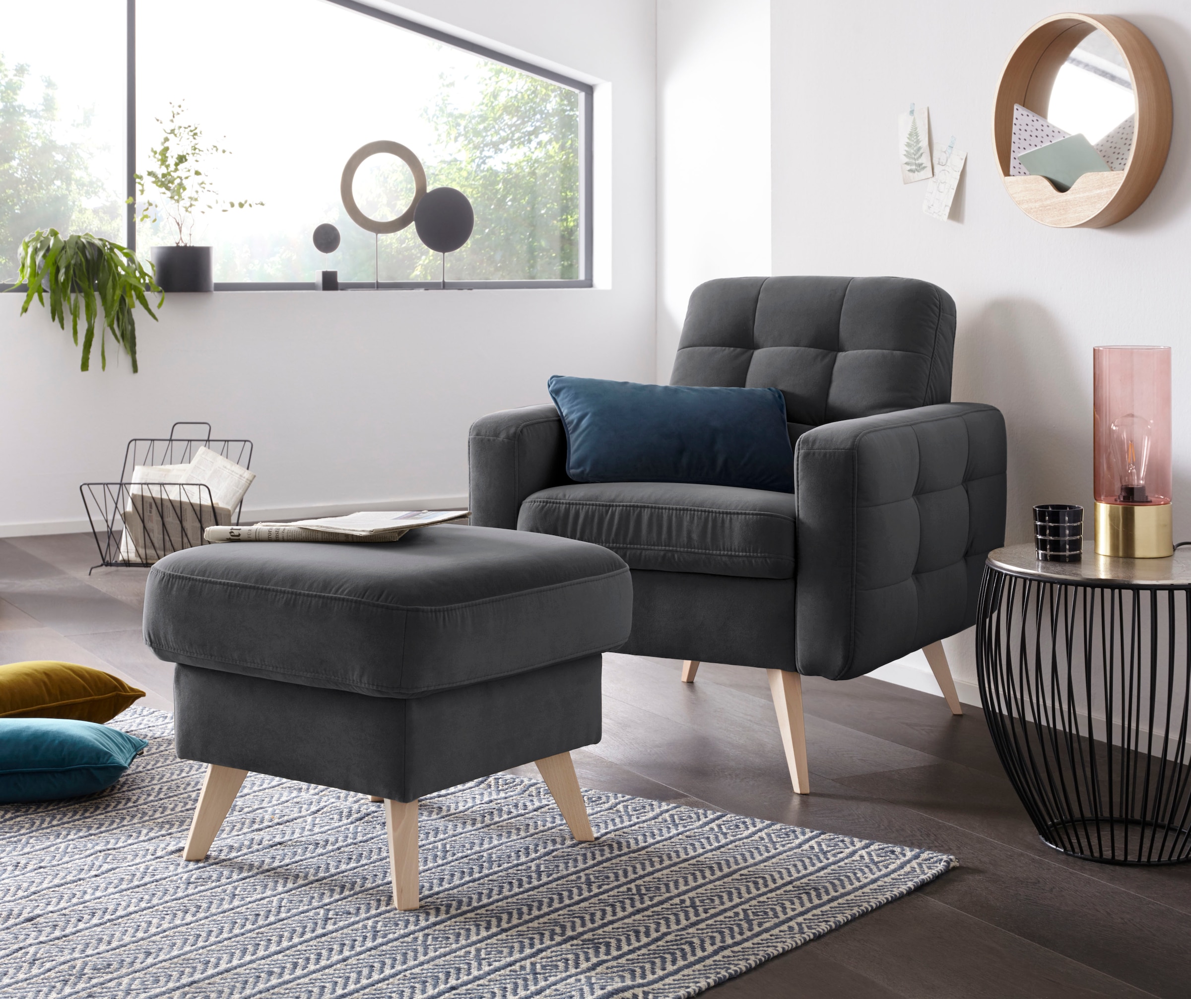 exxpo - sofa fashion Sessel »Nappa, Loungesessel, aktuelle Rückensteppung, bequem und modern«, hoher Holzfuß