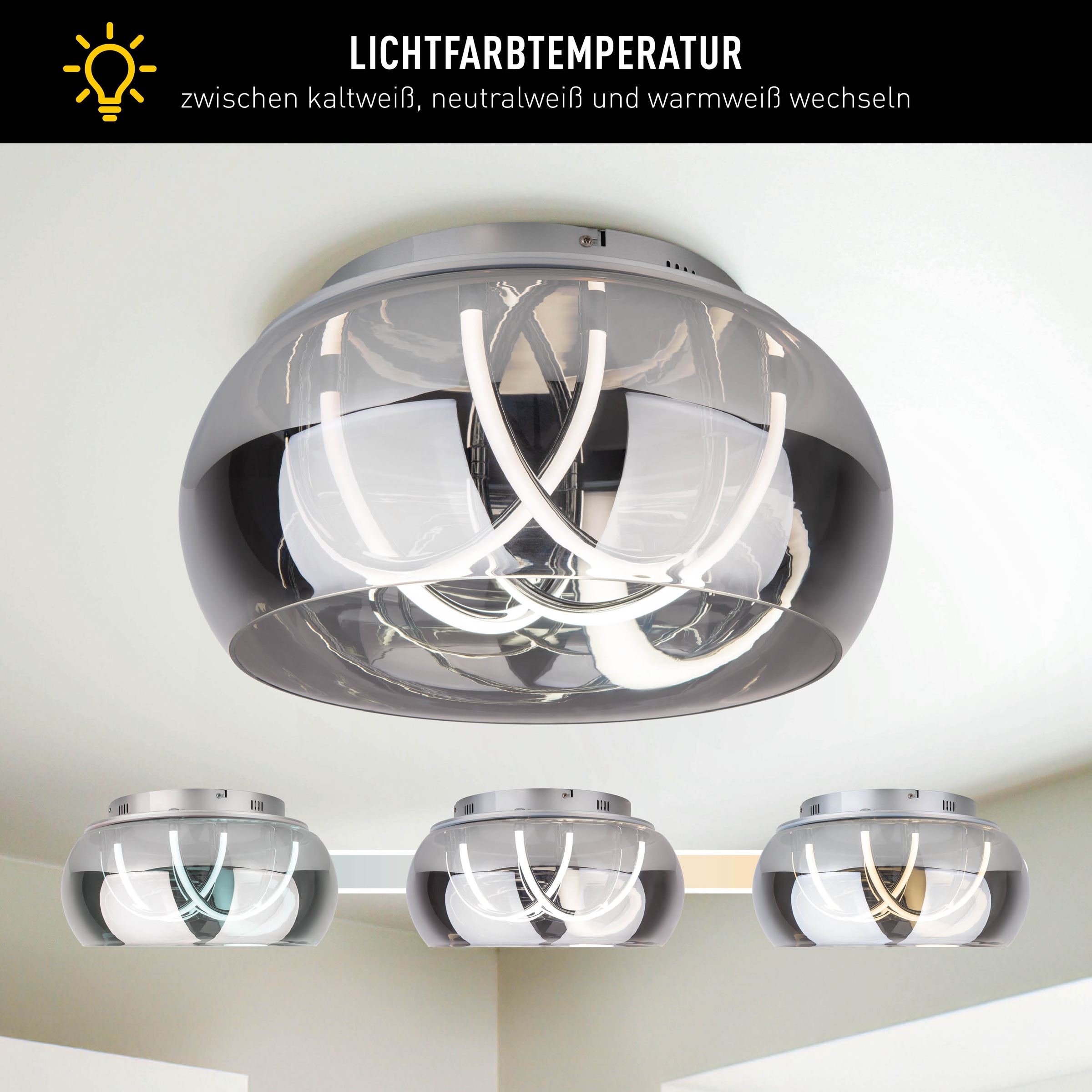 näve LED Deckenleuchte »Malou«, 1 flammig, Leuchtmittel LED-Modul | LED fest integriert, CCT, Memory, Nachtlicht, dimmbar, Funkfernbedienung, Glas smokey