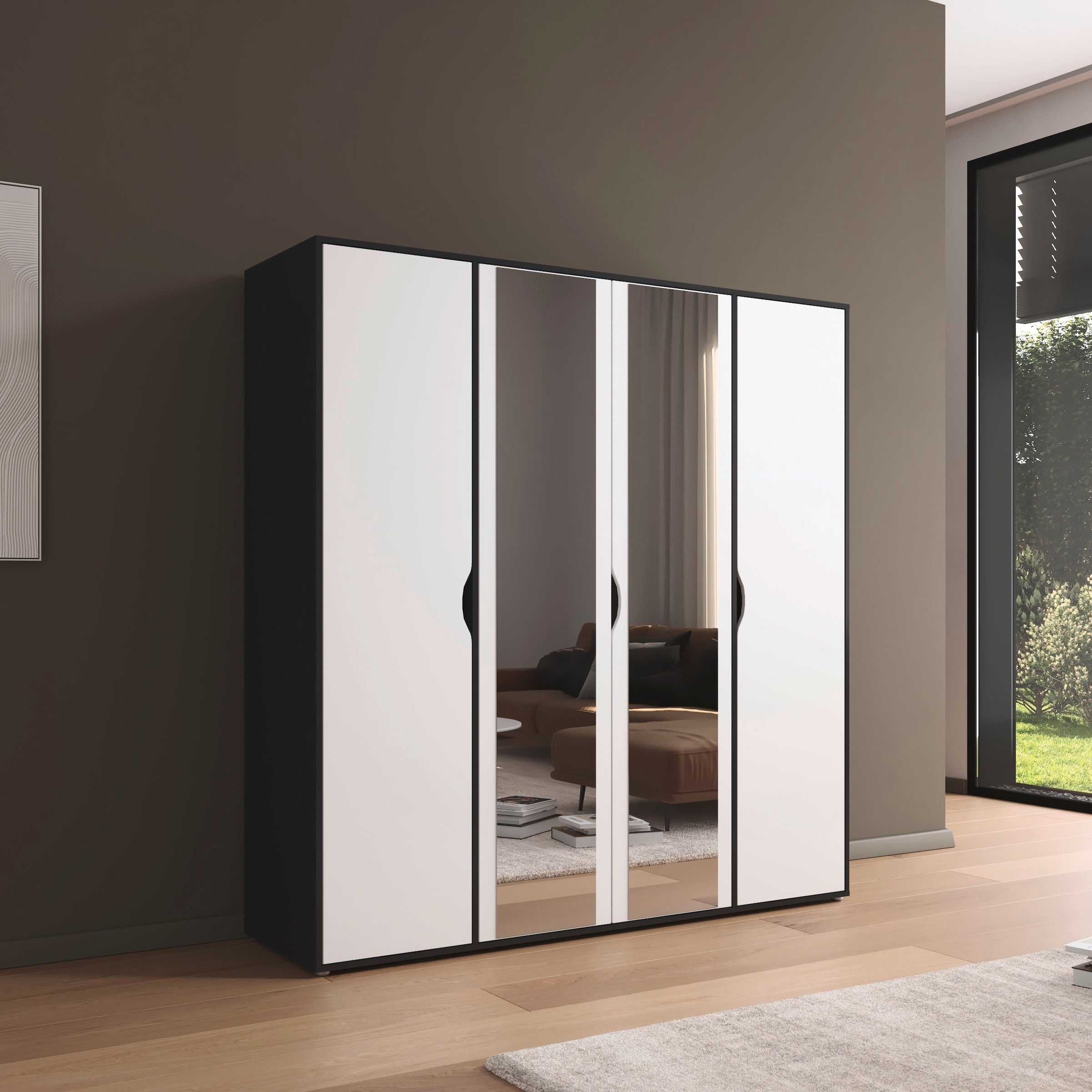 rauch Drehtürenschrank »Kleiderschrank Schrank Garderobe Wäscheschrank NARAI mit Spiegel«, (in 3 verschiedenen Ausstattungen BASIC/CLASSIC/PREMIUM), Griffausfräsungen für eine grifflose Optik TOPSELLER MADE IN GERMANY