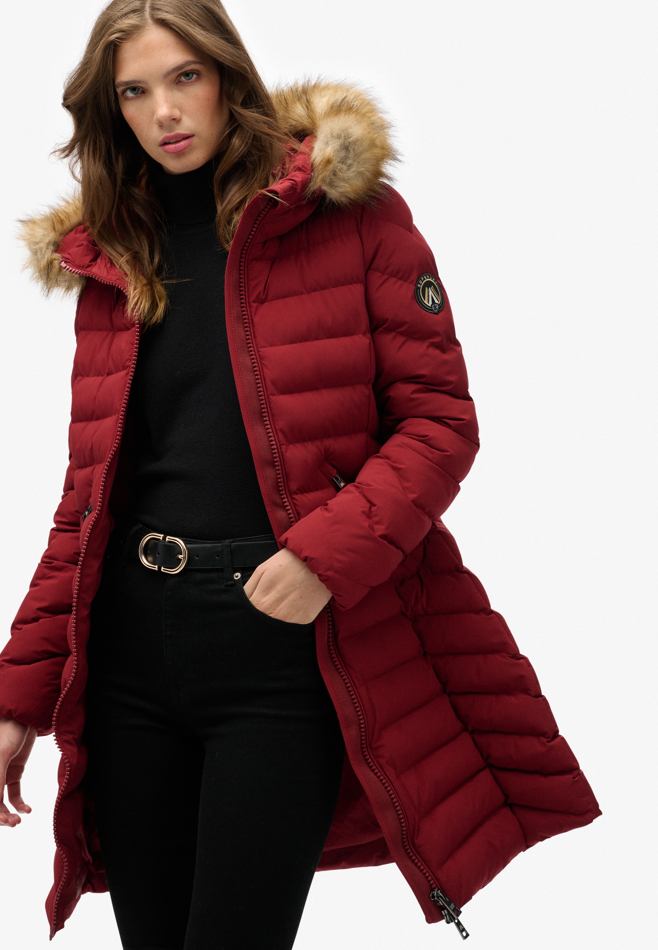 Superdry Steppjacke »FUJI FAUX FUR HOOD MID LENGTH« mit Kapuze