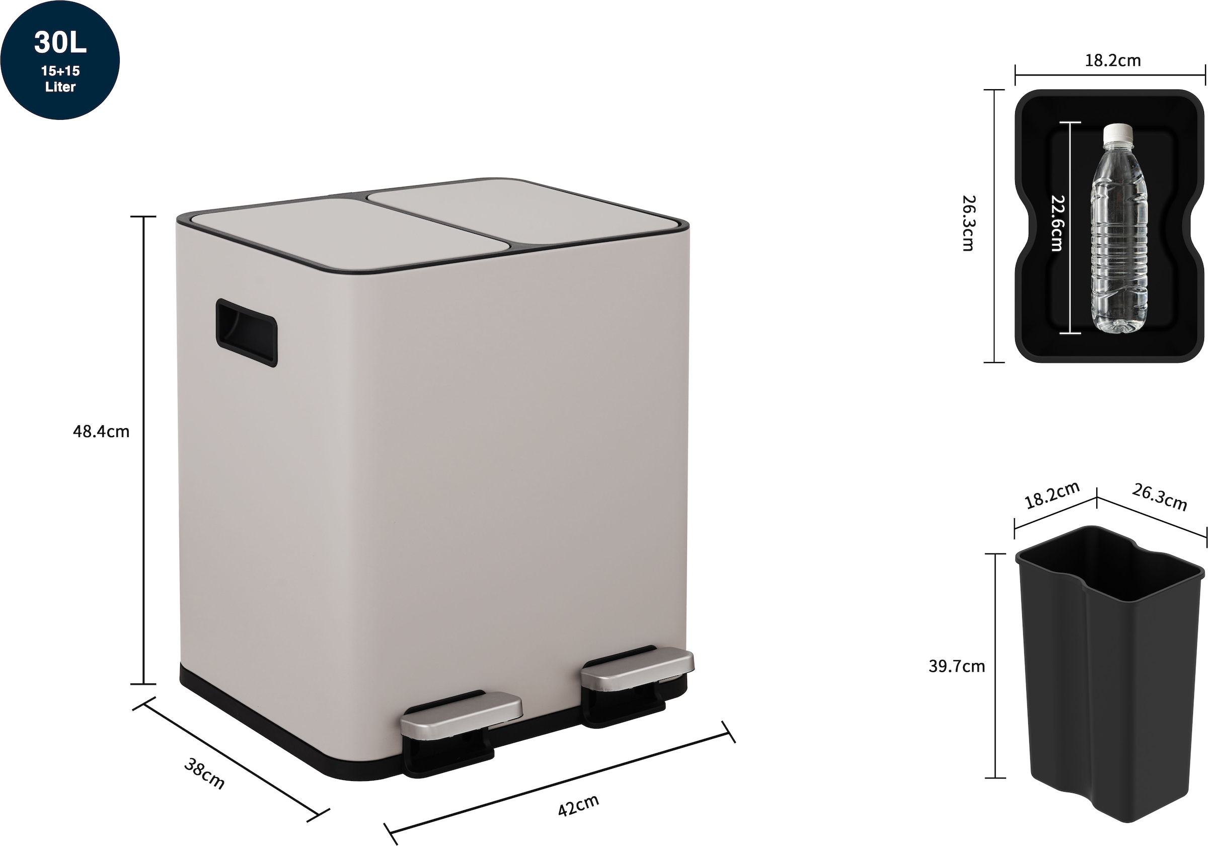 OTTO home Mülleimer »Garrin, Soft Close, m. 2 Fächern, Fassungsvermögen 2x15 L bzw. 2x30 L« 2 Behälter Mülltrennsystem mit 2 separaten Innenbehältern und Fußtrittpedalen