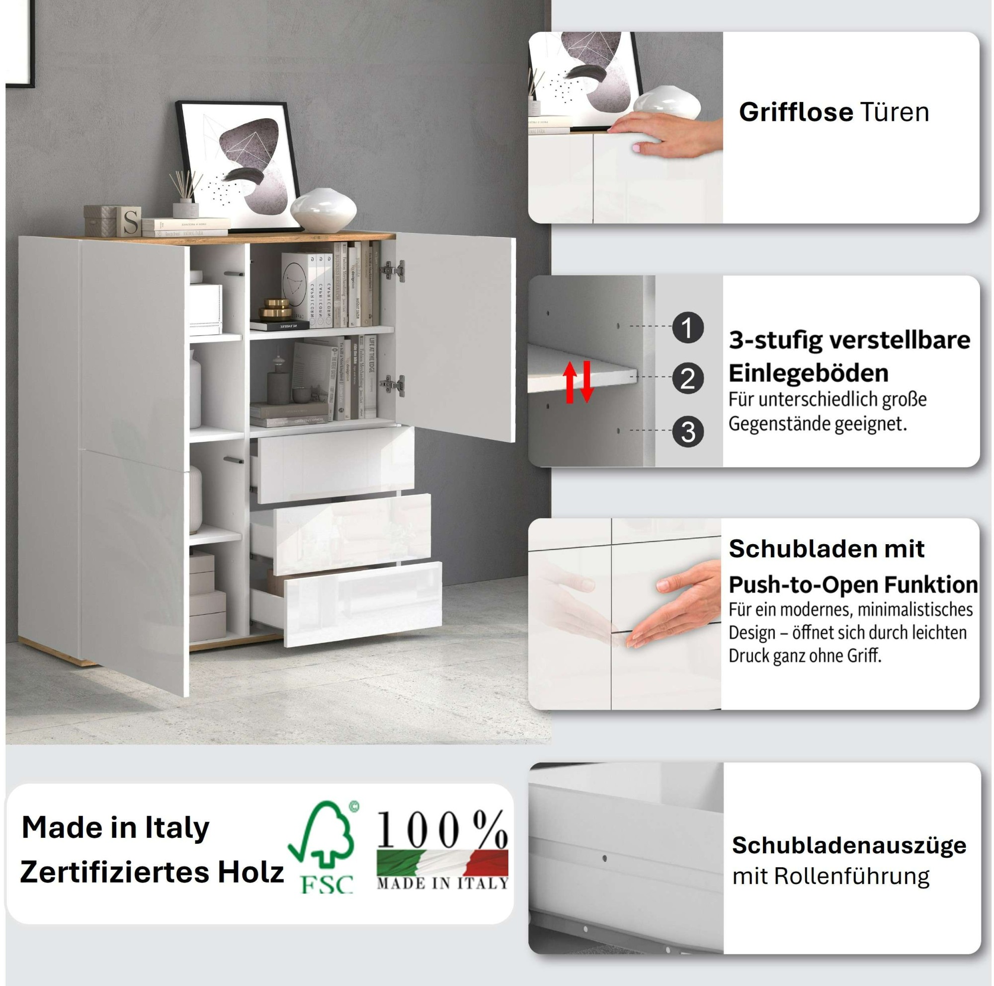 INOSIGN Highboard »GARDA Highboard, Kommode, Schrank, Grifflos mit Push to Open«, (1 St.), 3 Türen, 3 Schubladen, grifflos Breite 102 cm
